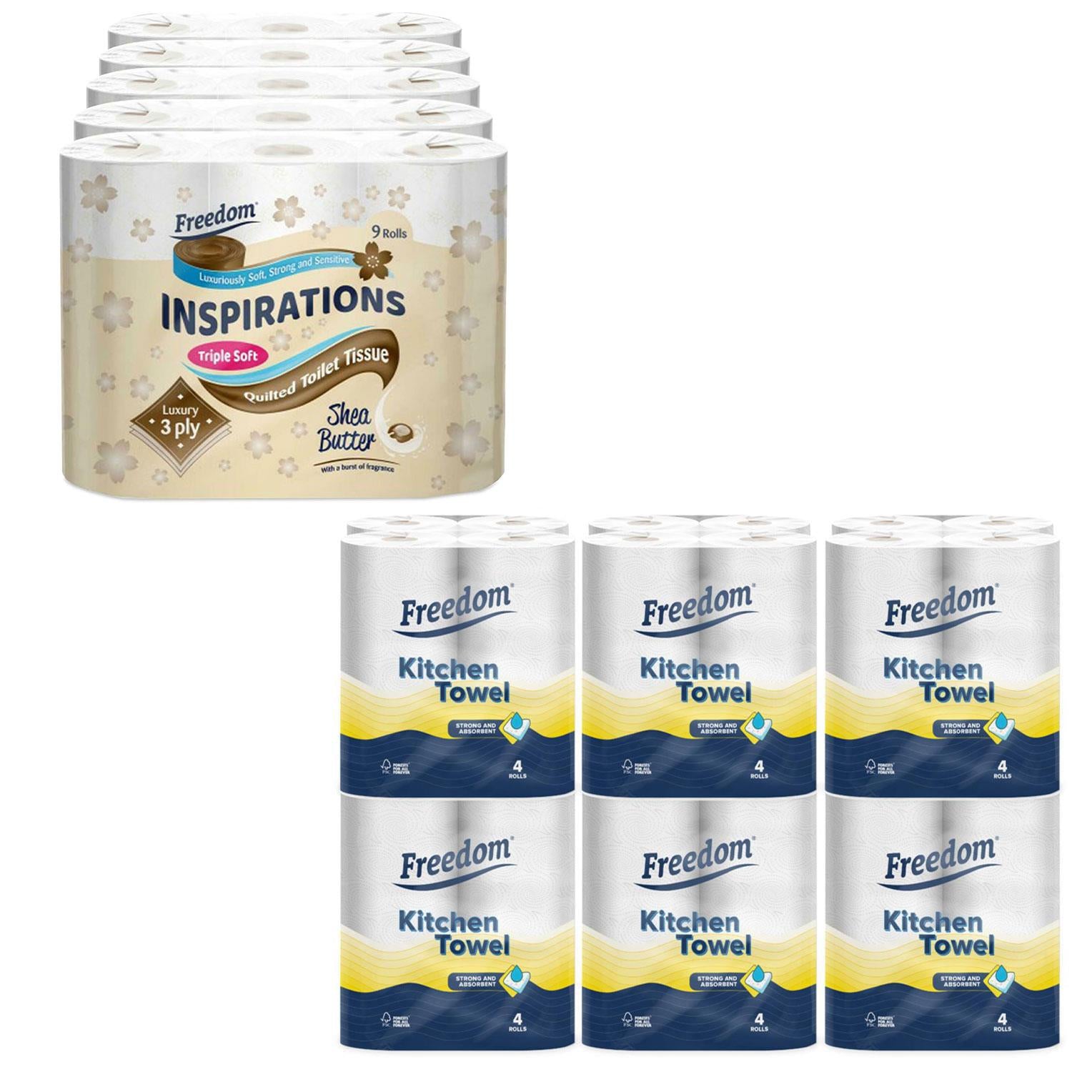 Freedom Shea Butter 3-ply 45 Rolls + Rhino Kitchen Paper 24 Rolls