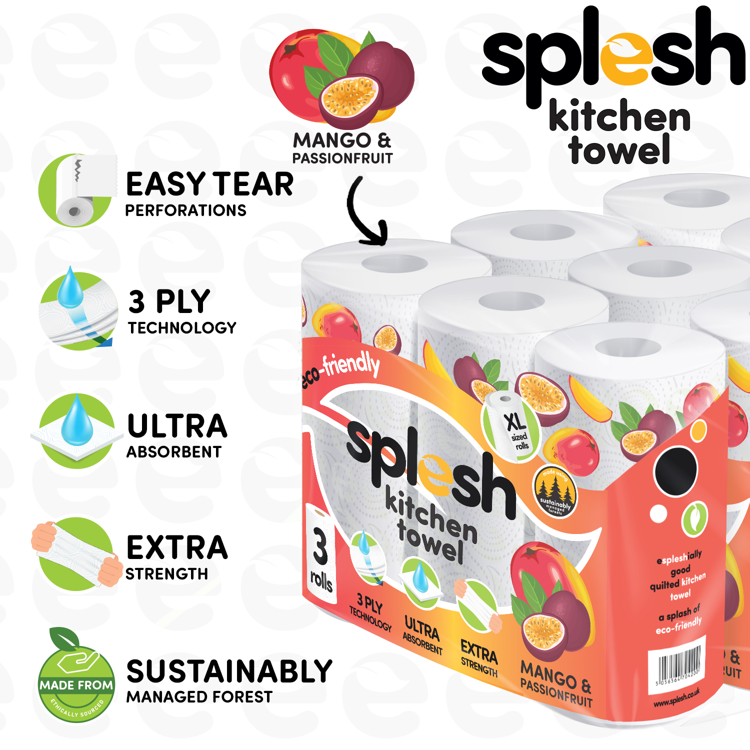 Mango & Passionfruit Kitchen Towel 3 Ply Xl Roll, 18 Rolls