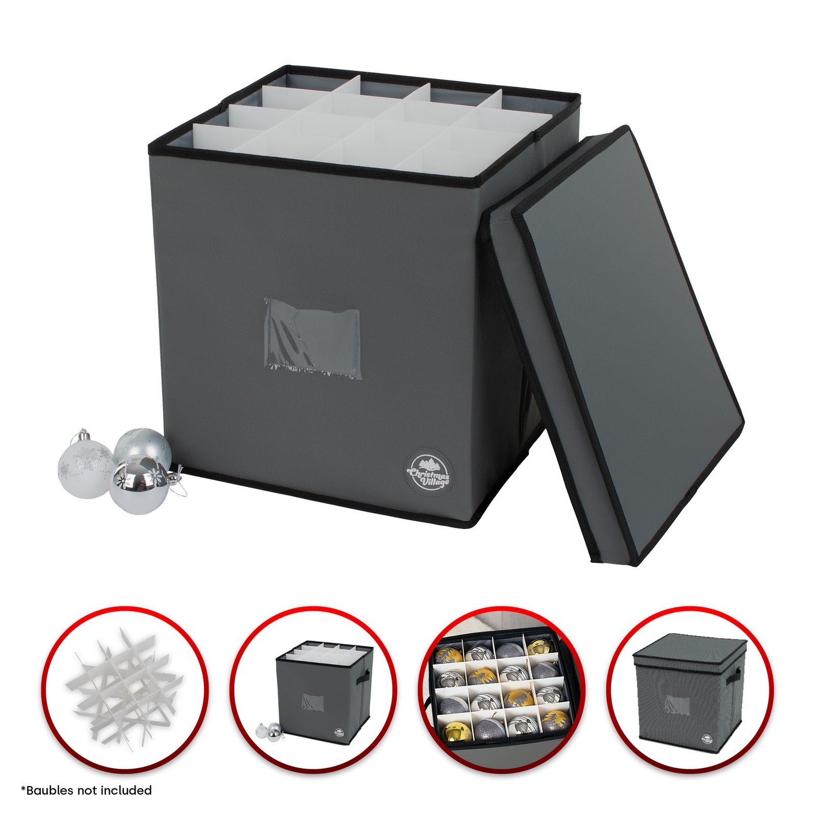 Grey Bauble Storage Bag With 64 Slots Zip Lid & Carry Handles