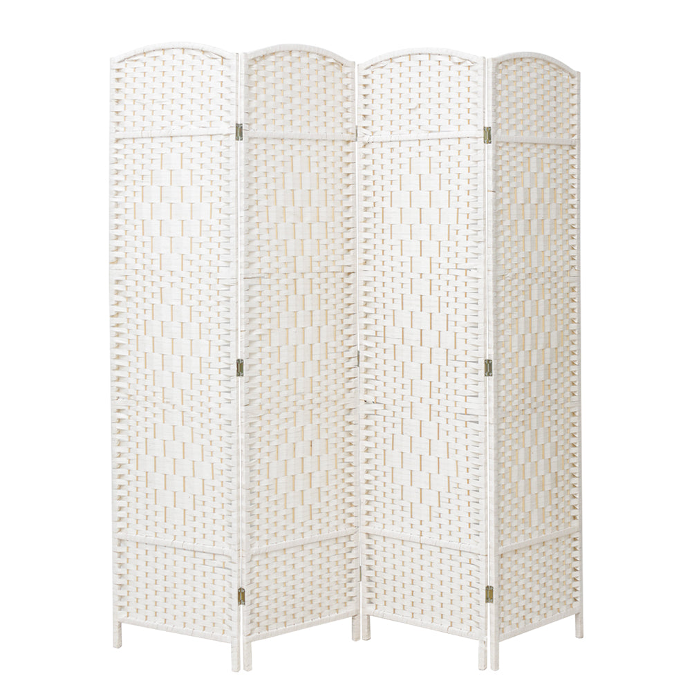 4/6-panel Foldable Room Divider – White Weave Fiber And Solid Wood Frame | Small