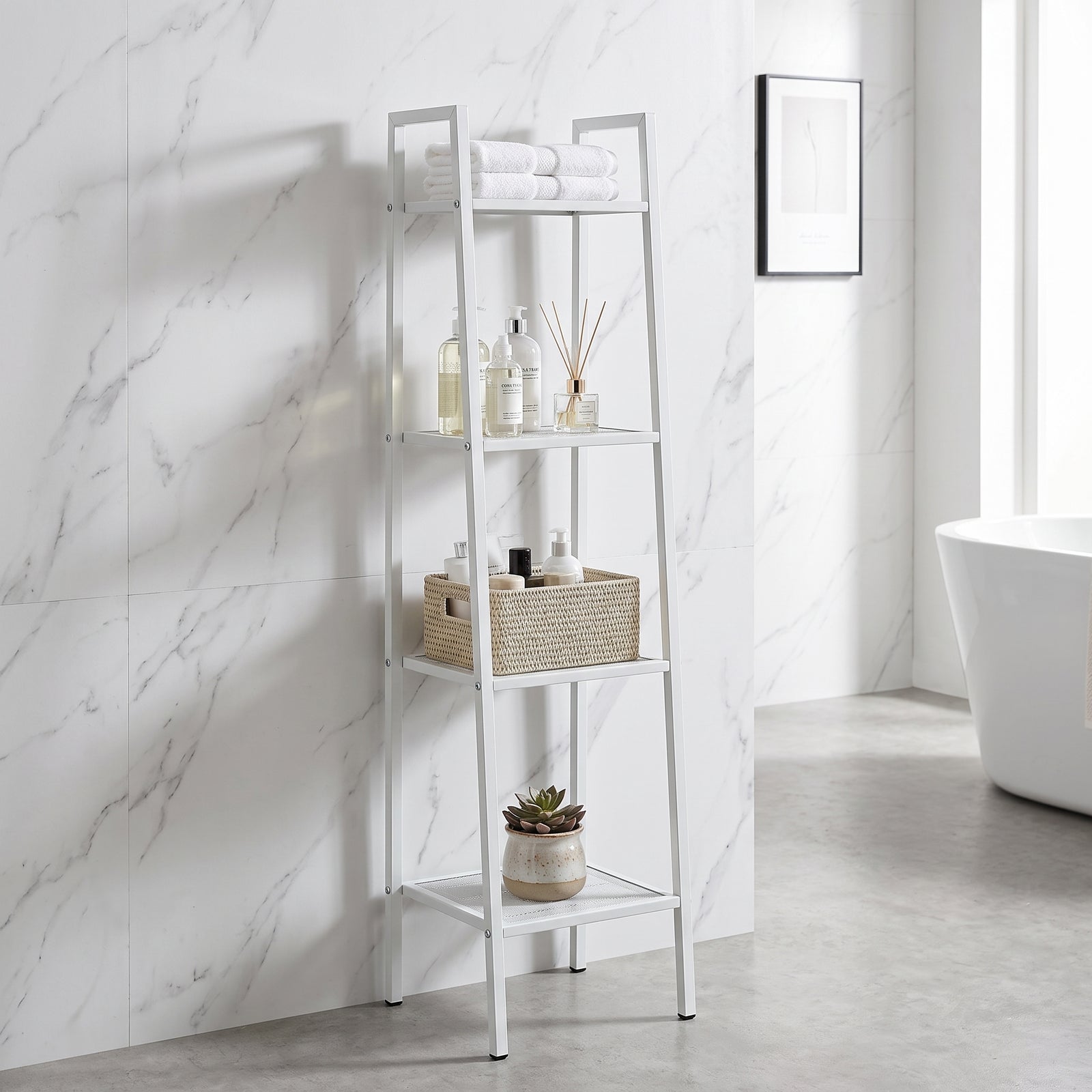 4-tier Freestanding Metal Ladder Shelf With Mesh Shelves | White