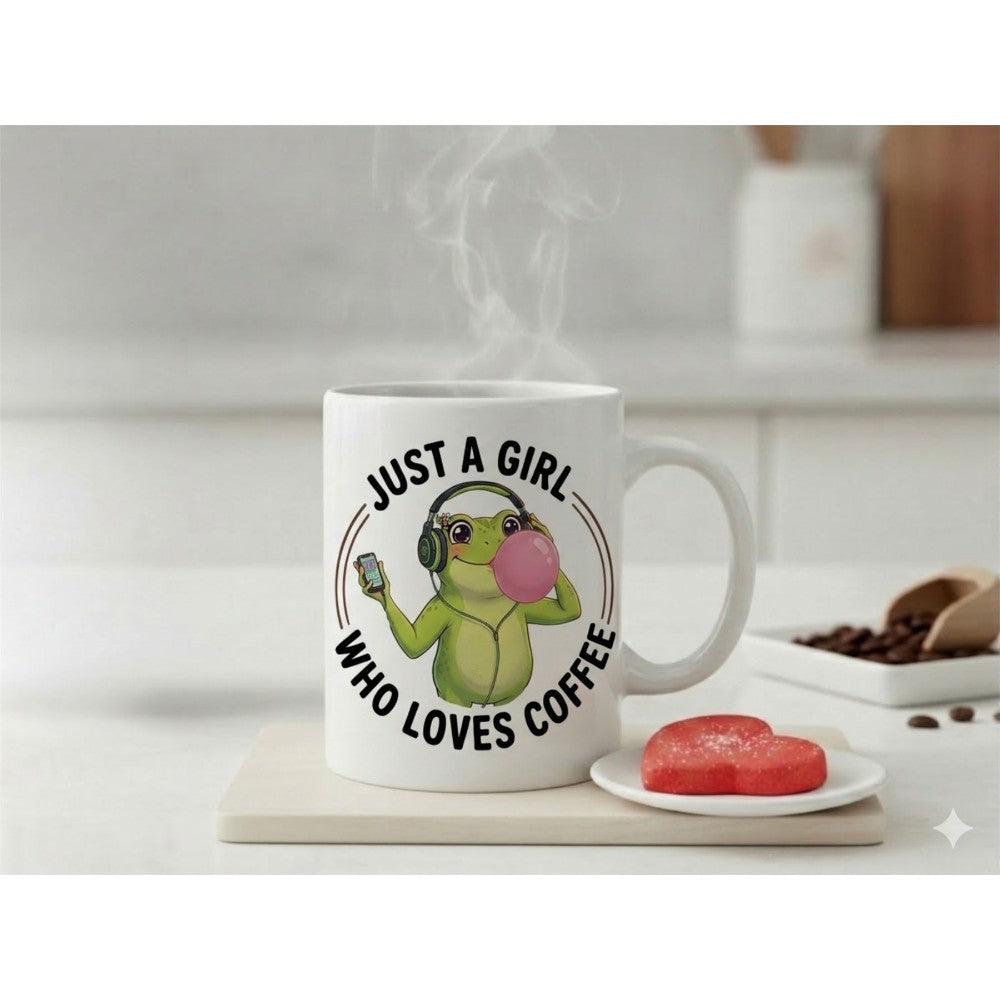 Dyzi Just A Girl Who Loves Coffee Frog Quote Ceramic Mug White