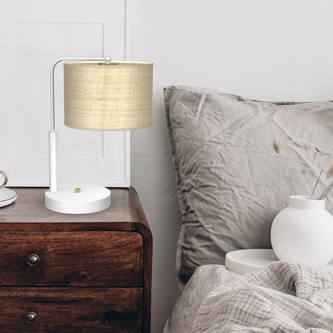 Marshall Hand Made Designer Table Lamp In Matt White Metal And Natural Rattan Coloured Fabric