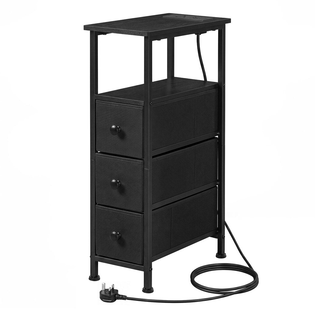 Slim Bedside Table With Charging Station 3 Drawers For Bedroom Black | Black