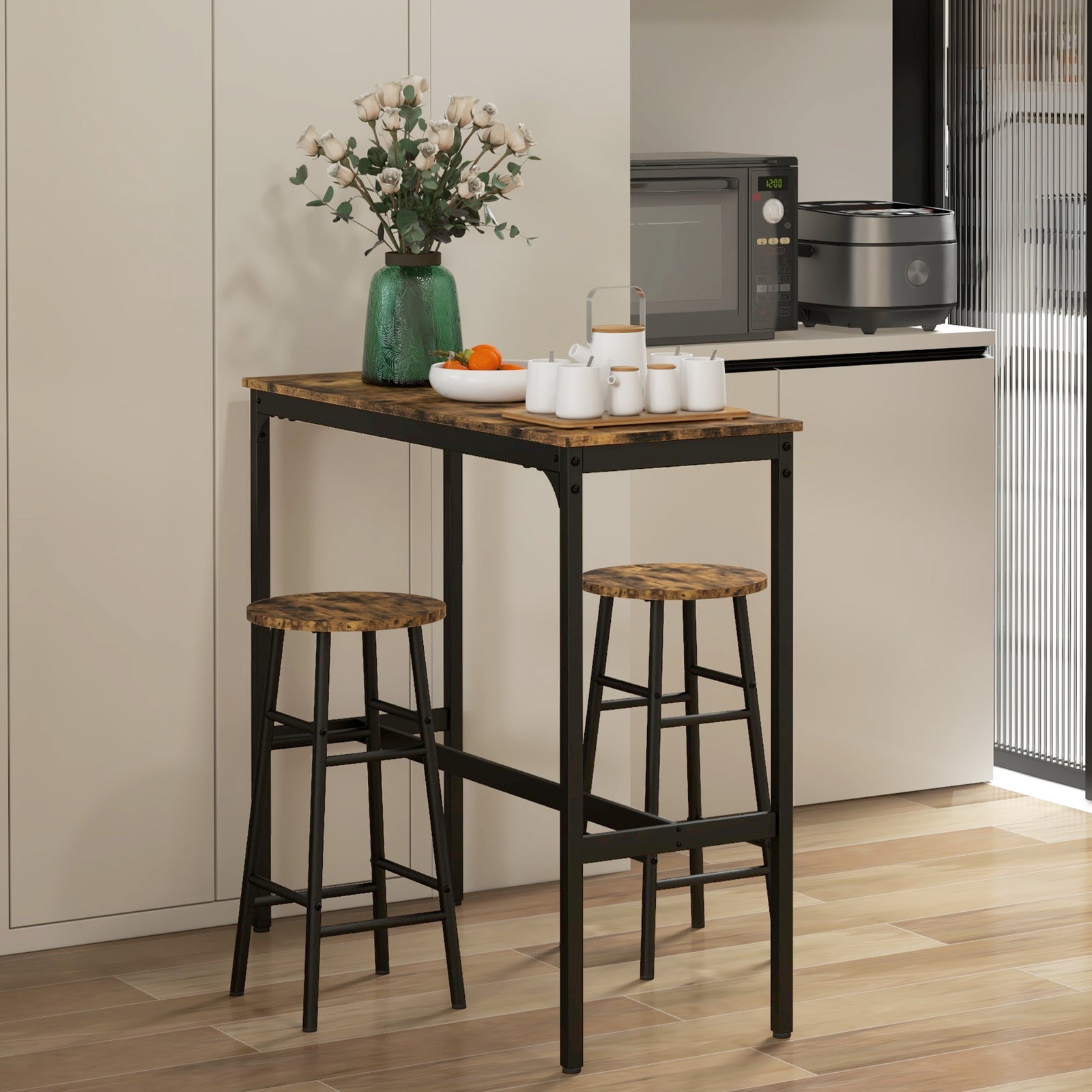 3 Piece Bar Set, Industrial Kitchen And Chair Set | Rustic Brown