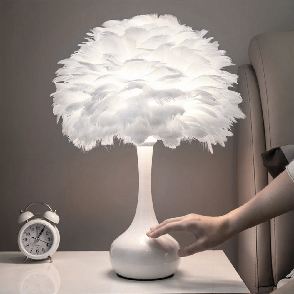 European Style E27 White Feather Table Lamp Bedside Fixtures - Warm Light