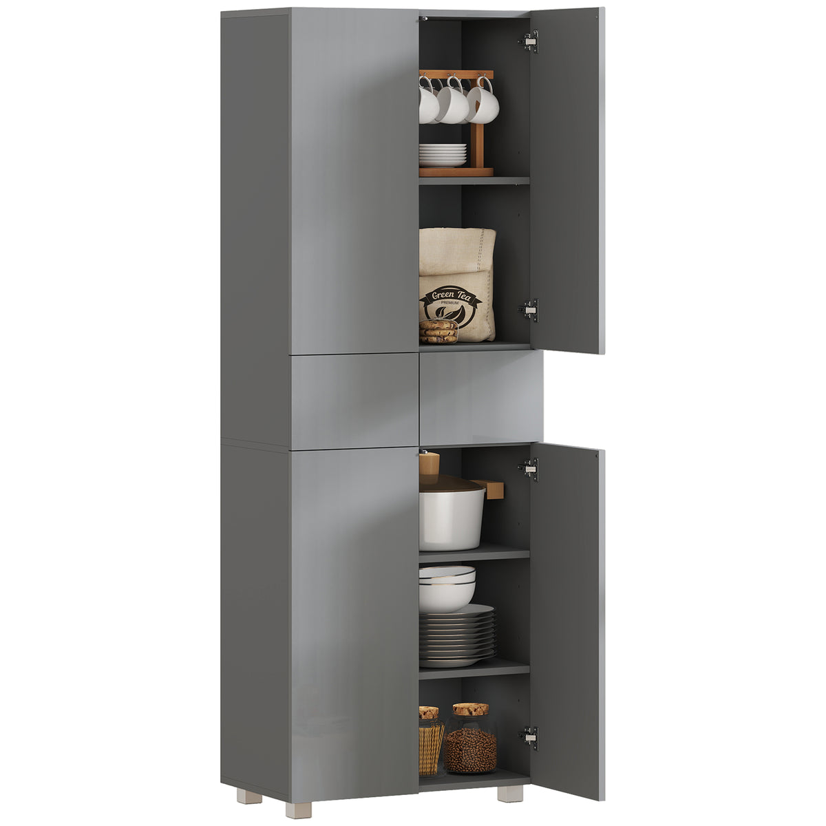 HOMCOM Kitchen Cupboard Storage Cabinet Push Open Doors And Drawers, Grey