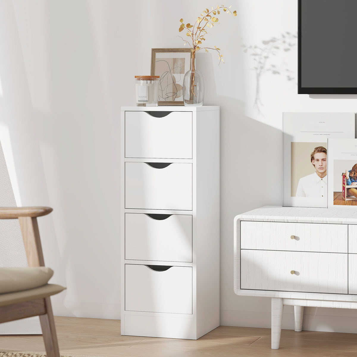 HOMCOM 4-drawer Bathroom Cabinet, Freestanding Narrow Cabinet, White