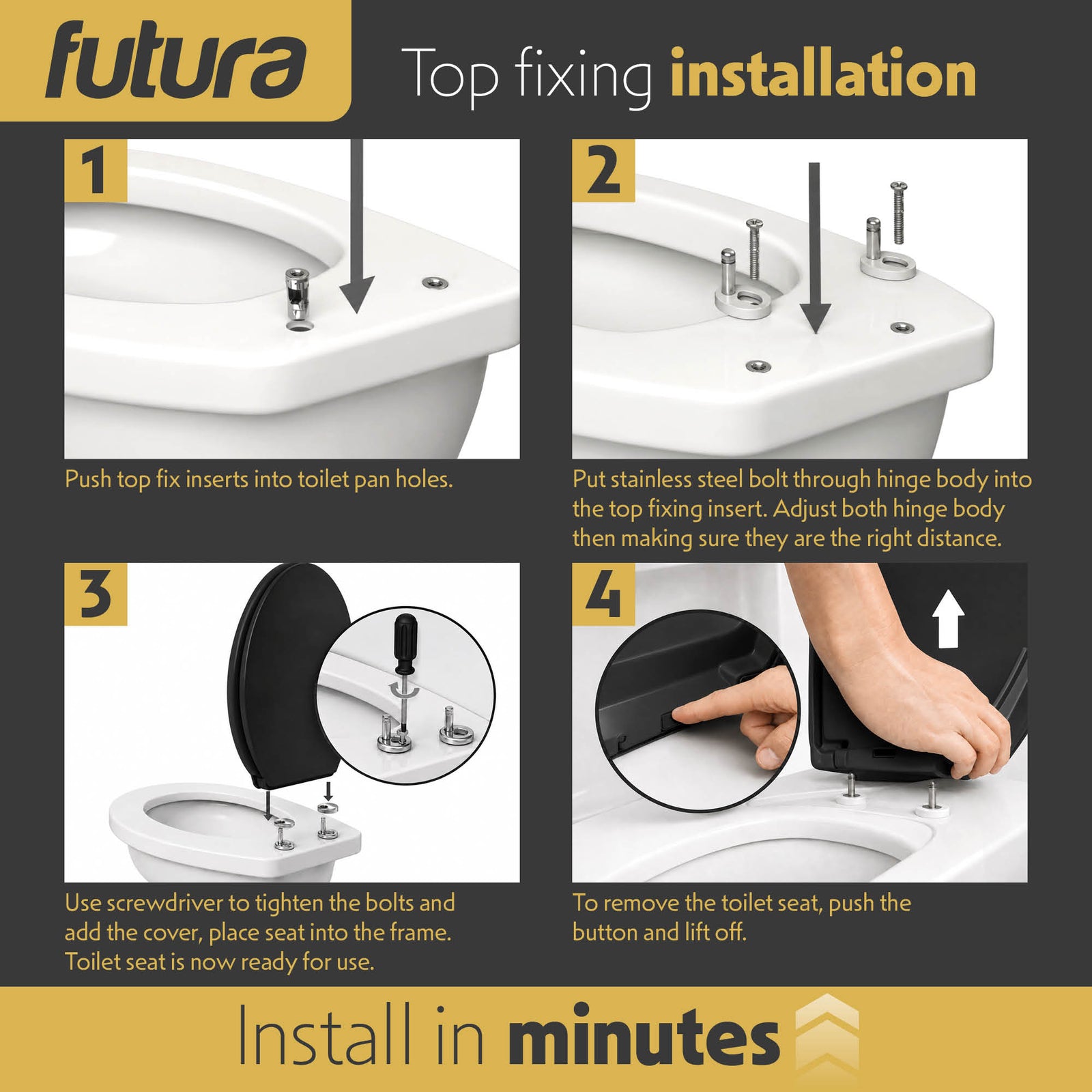 Toilet Seat Soft Close Oval Shape, Premium Thermoplastic, Quick Release, Top & Bottom Fixings | Black
