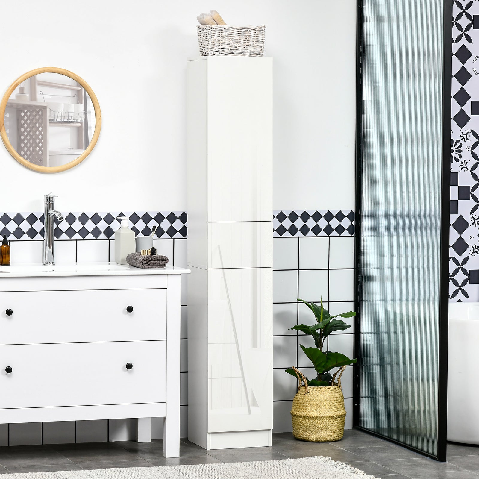 High Gloss Tall Bathroom Cabinet With Adjustable Shelves