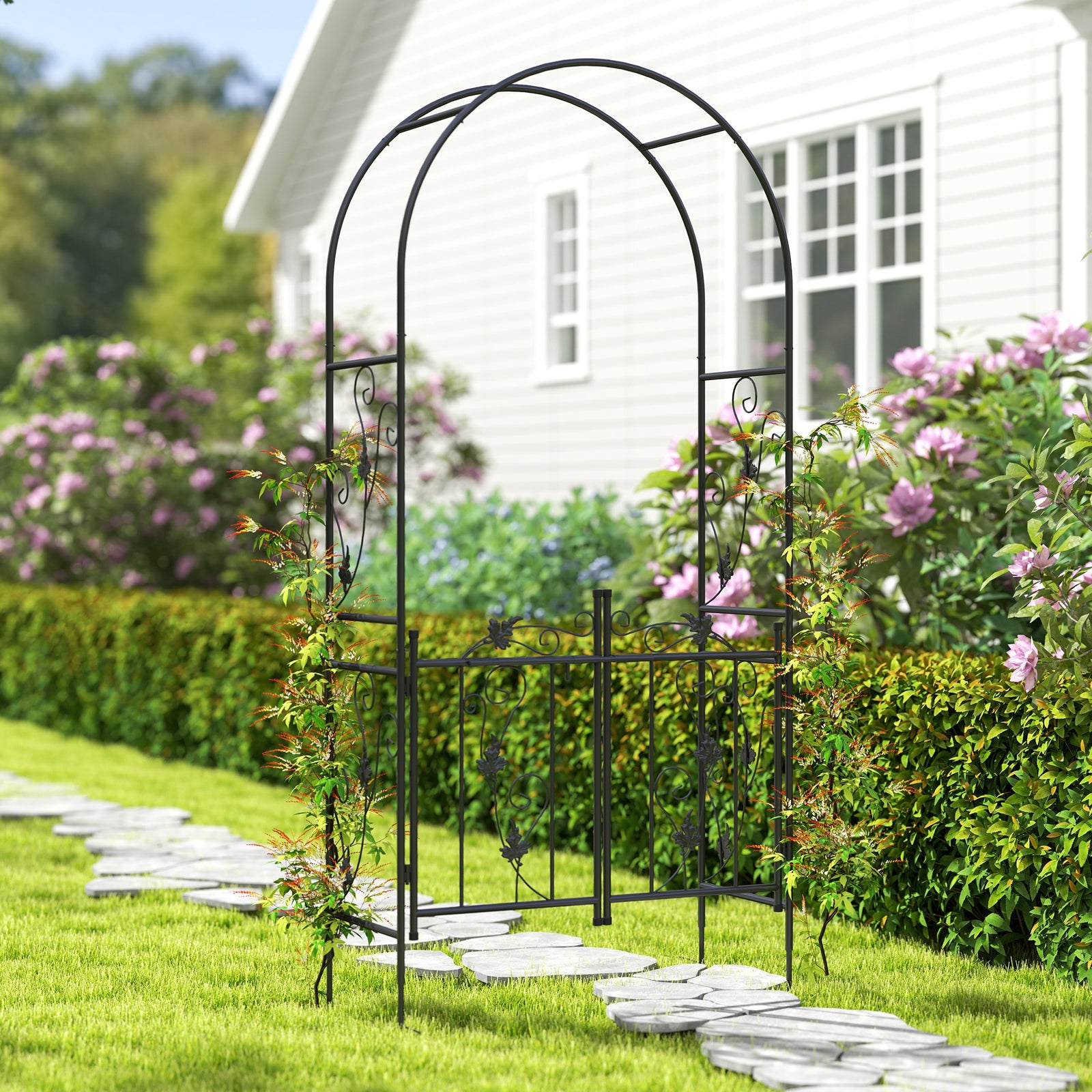 Outsunny 2.17m Steel Garden Arch With Double Gate, Garden Arbor Trellis, Black