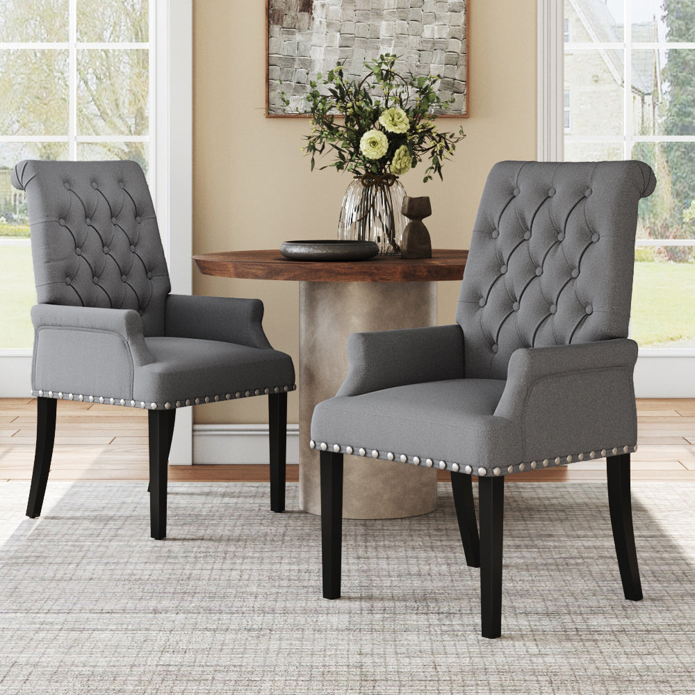 Classic Upholstered Armchair Tufted Back Fabric Dining Chair With Nailhead Detailing | Grey