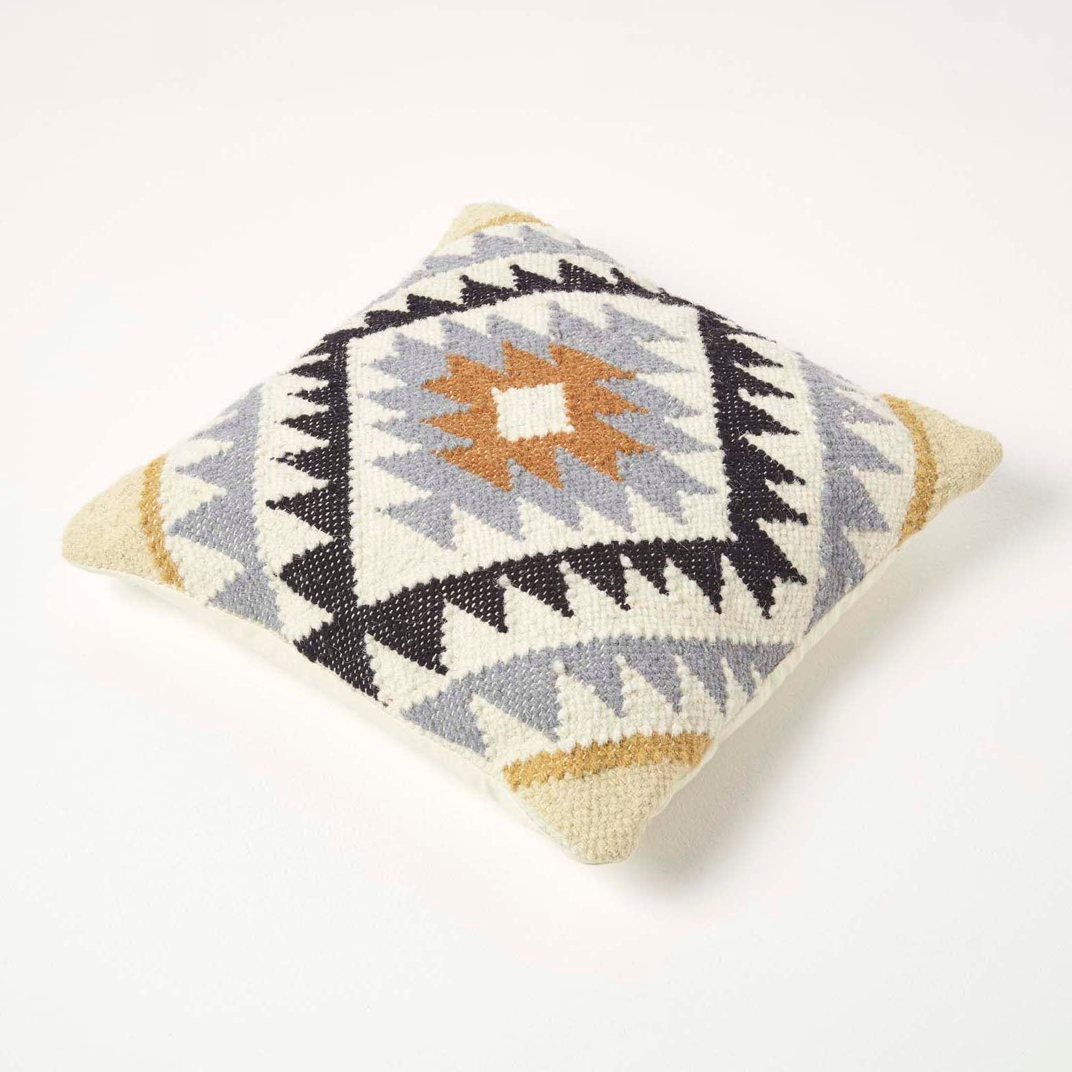 Handwoven Kilim Cushion With Feather Filling | 45cm x 45cm | Black & Grey