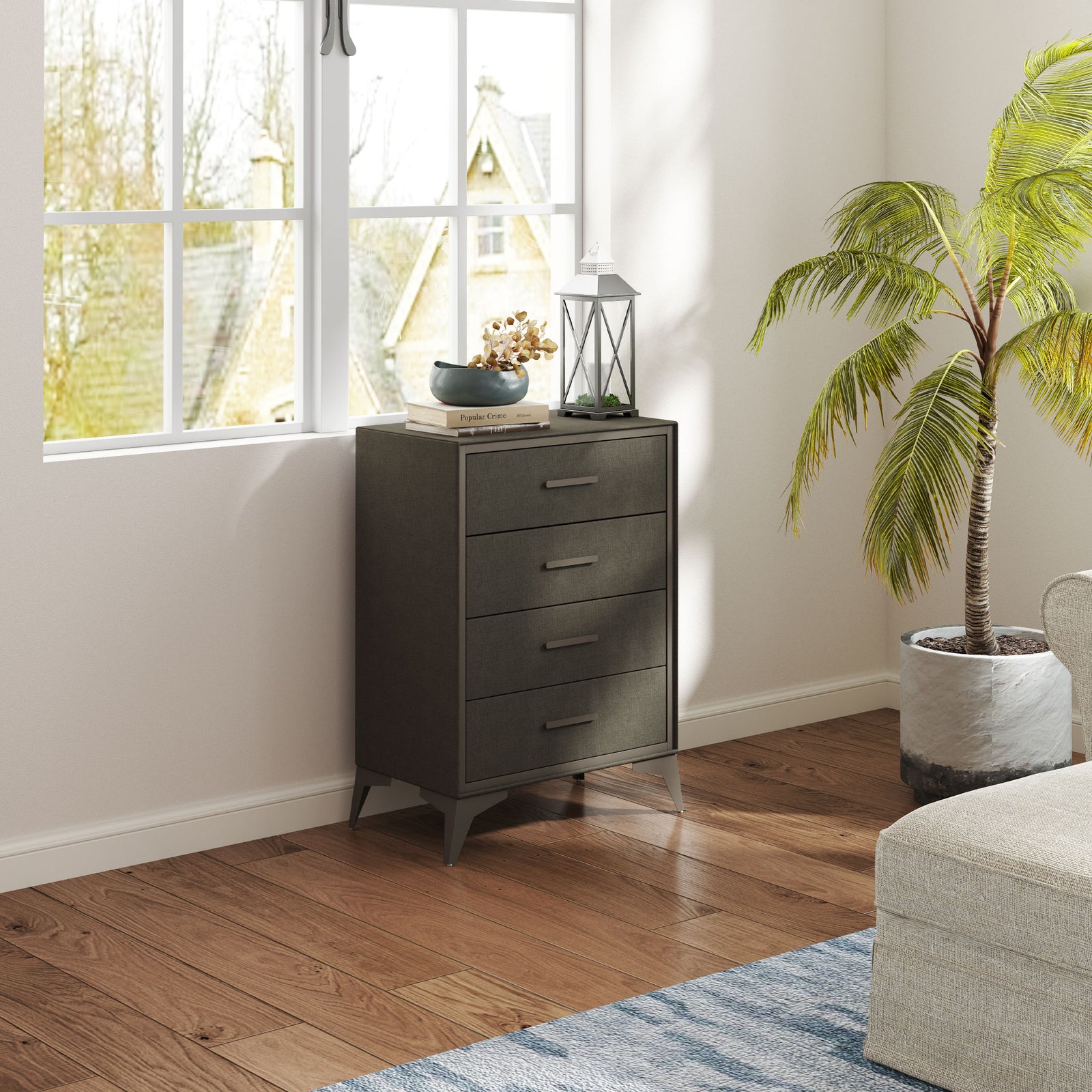 4 Drawer Chest, Fabric Dresser, Steel Frame, Brown