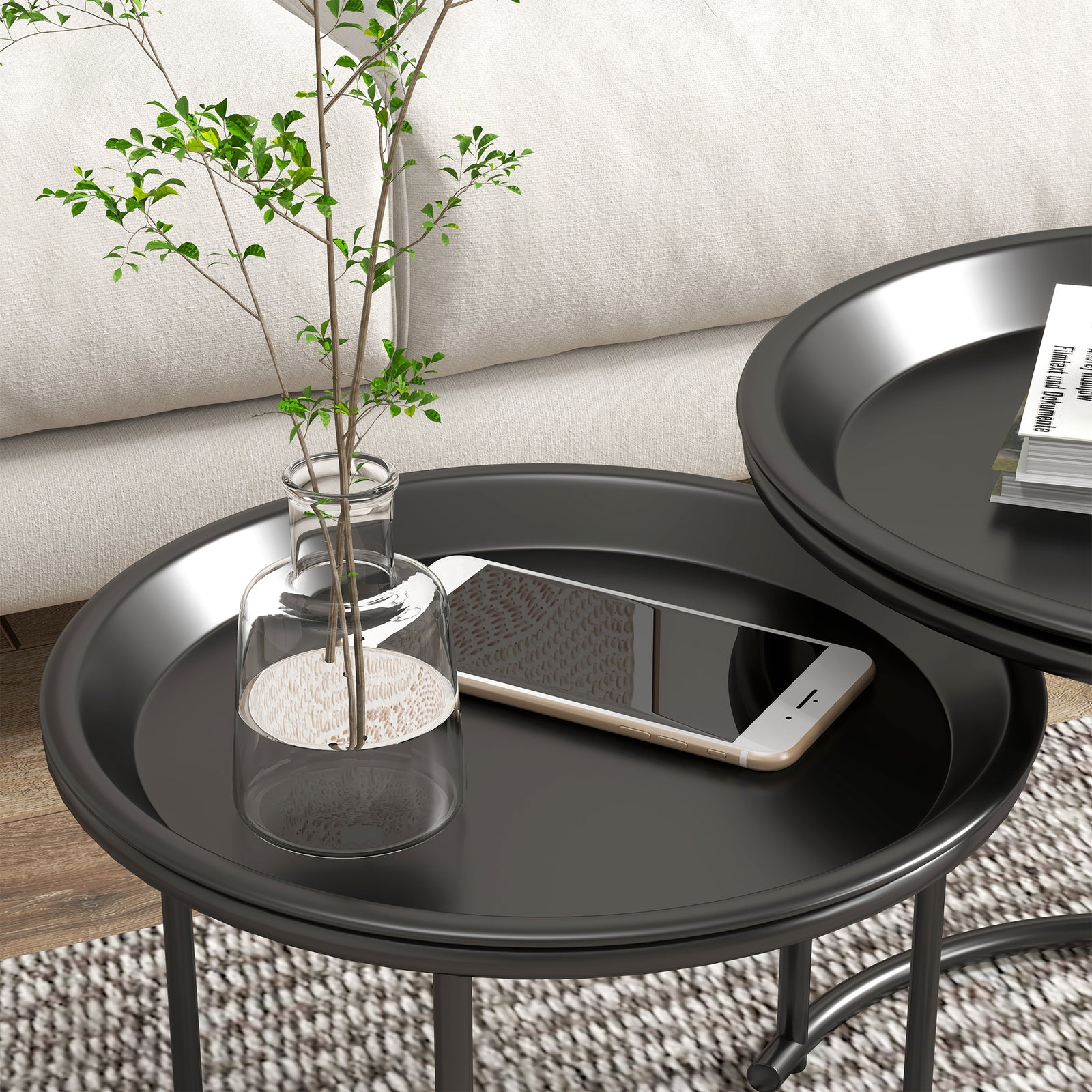 HOMCOM Nesting Tables Set Of 2, End Table With Removable Tabletop Tray Black