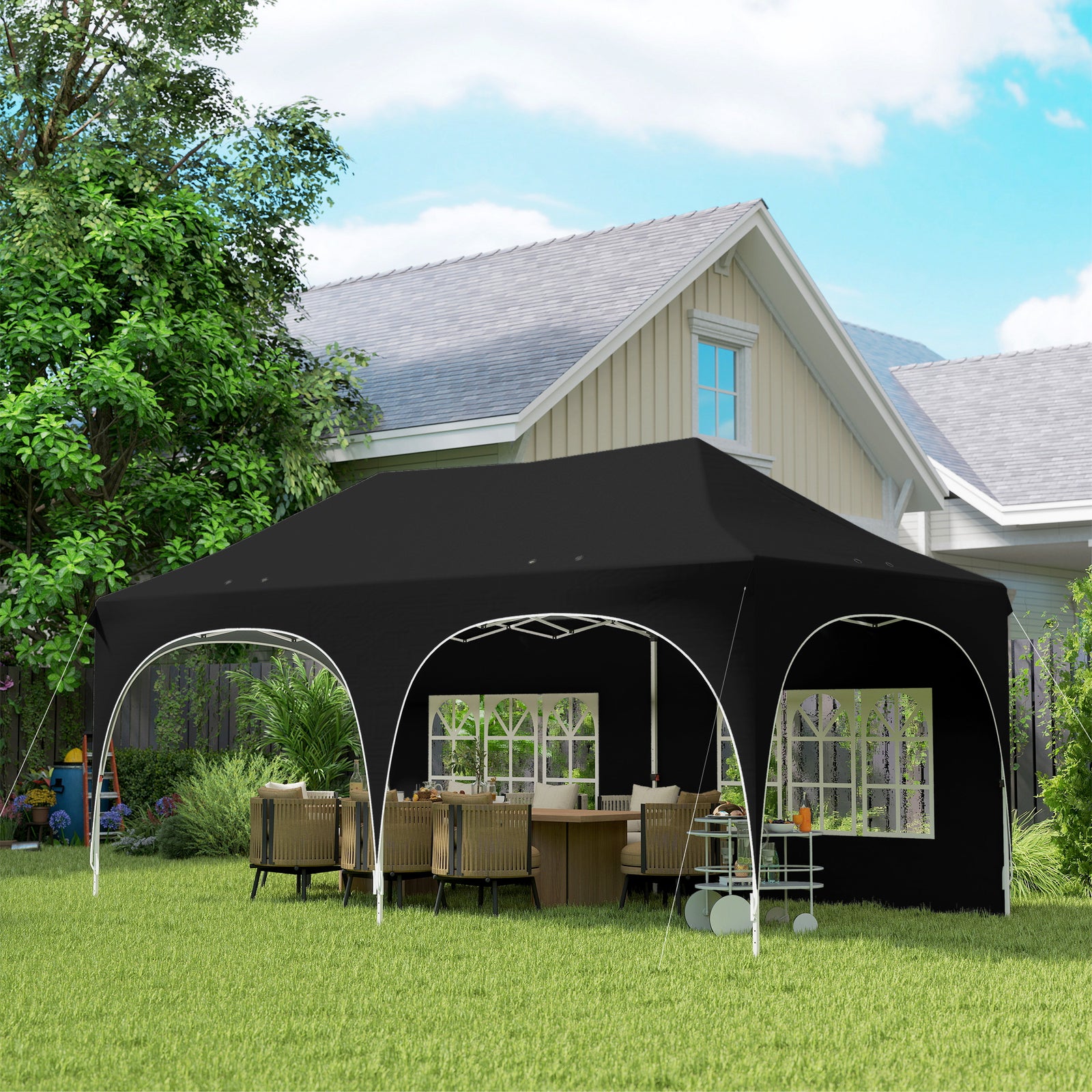 3 X 6m Pop Up Gazebo With Sides, Peak Top Garden Party Tent Marquee | Black