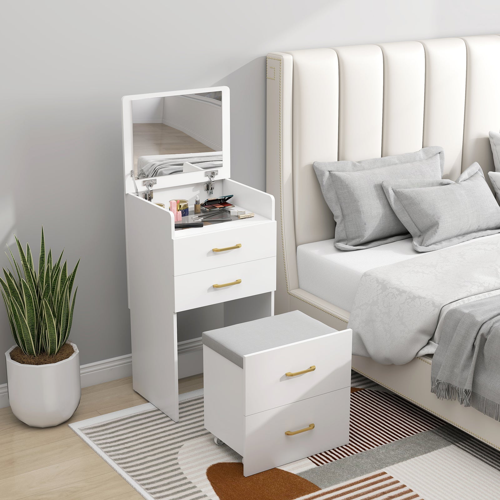 3 In 1 Dressing Table Vanity Desk With Mirror And Cushioned Stool