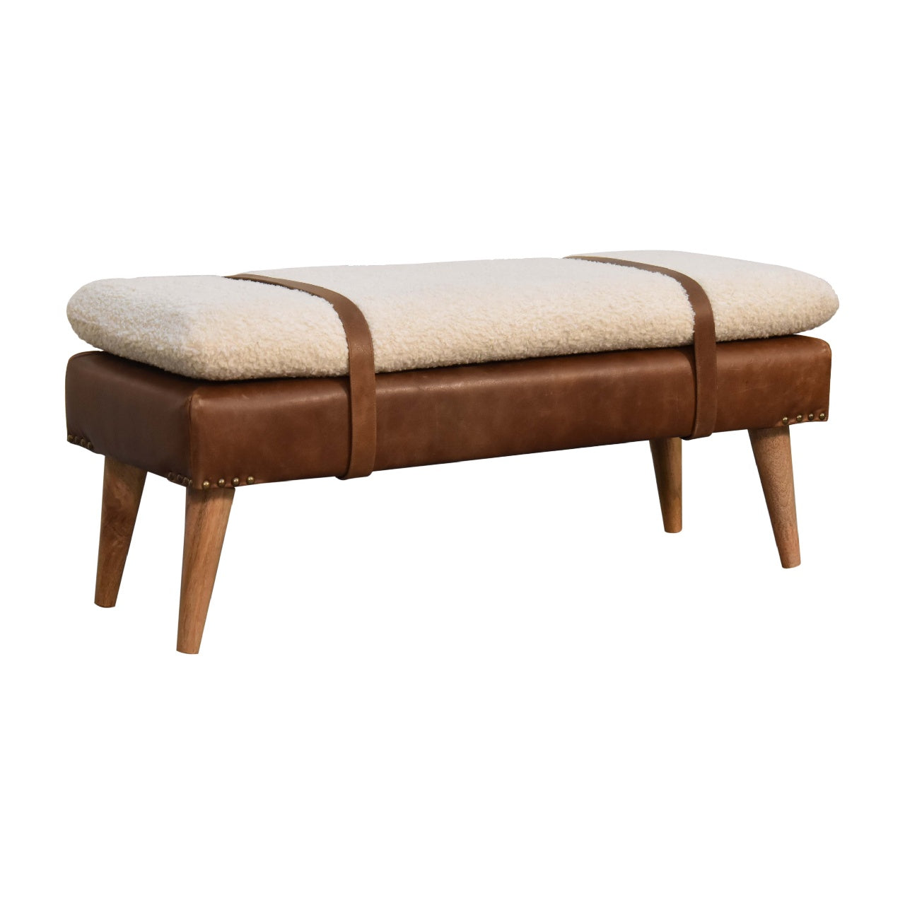 Solid Wood Boucle Buffalo Hide Leather Bench
