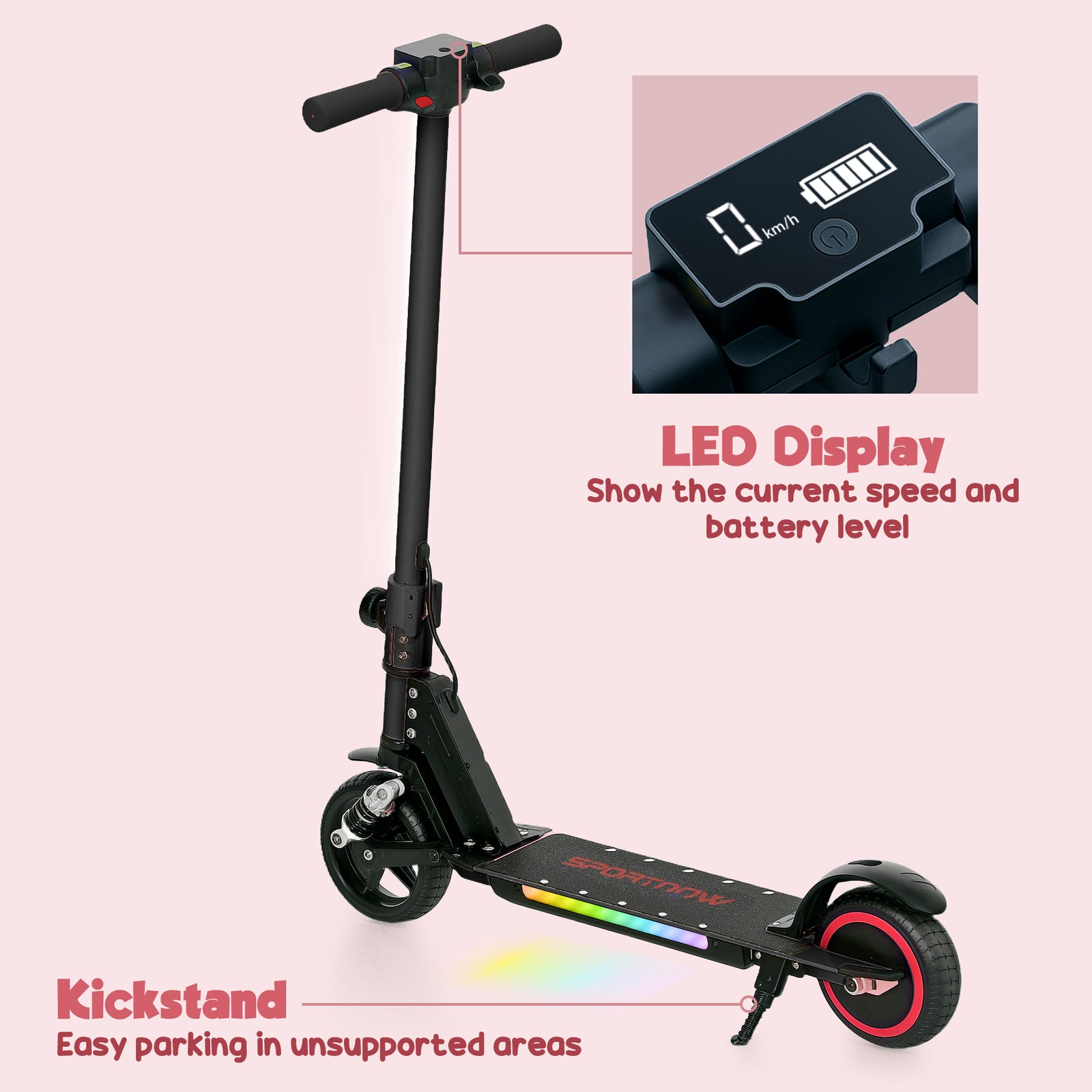 Folding Electric Scooter W/ Led Lights And Display | Black