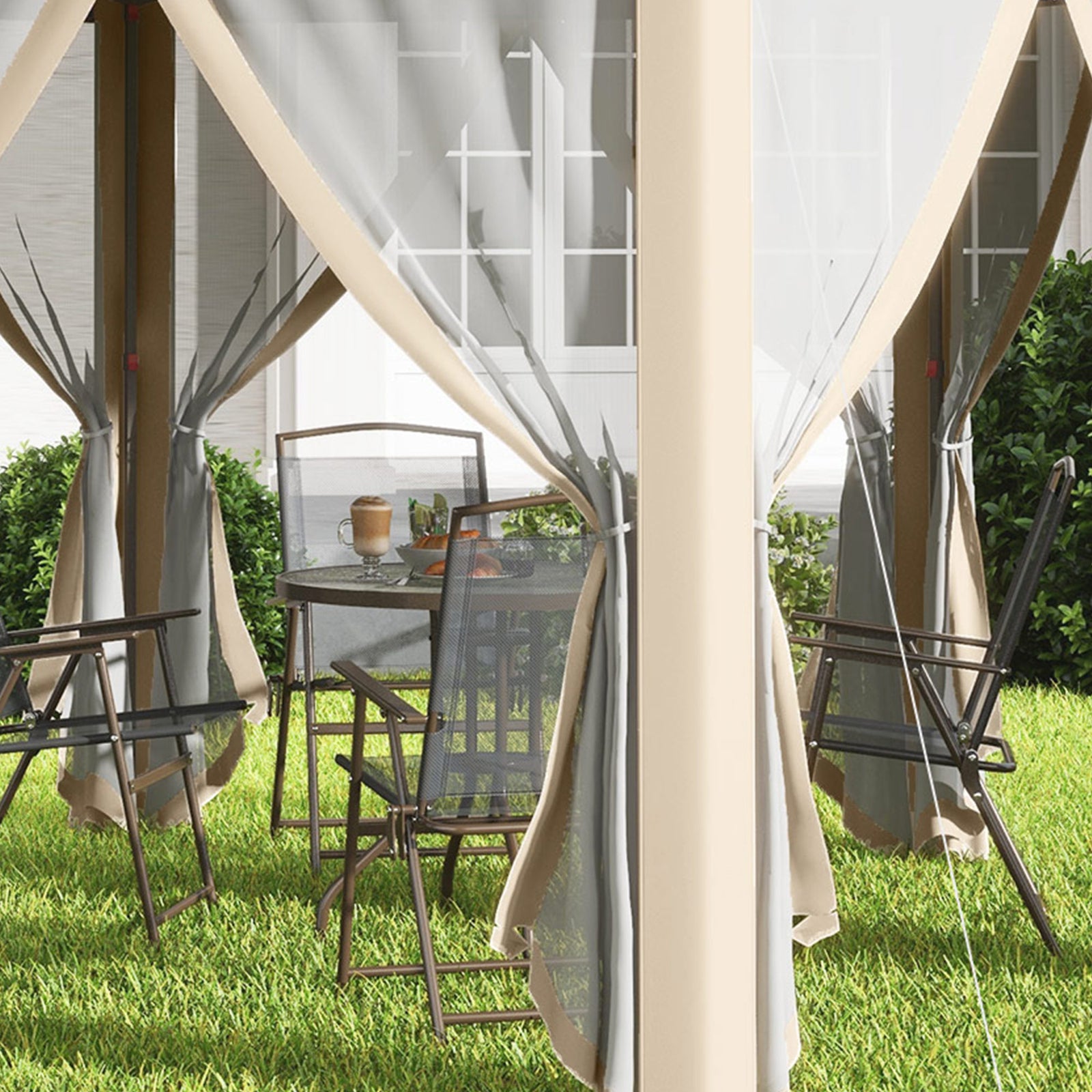 4x4m Hexagon Gazebo With Metal Frame Mesh Curtains Garden | Khaki