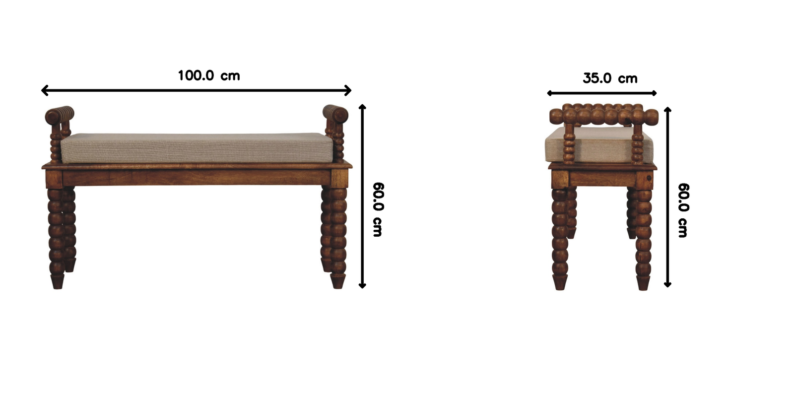 Artisan Furniture Solid Wood Spindle Amber Linen Bench, Upholstered