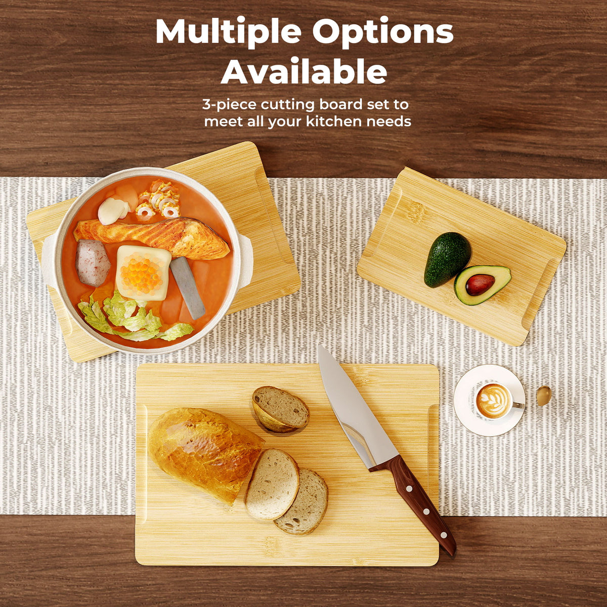 Toque 3pcs Bamboo Cutting Board Set Chopping Boards Serving Platter Kitchen