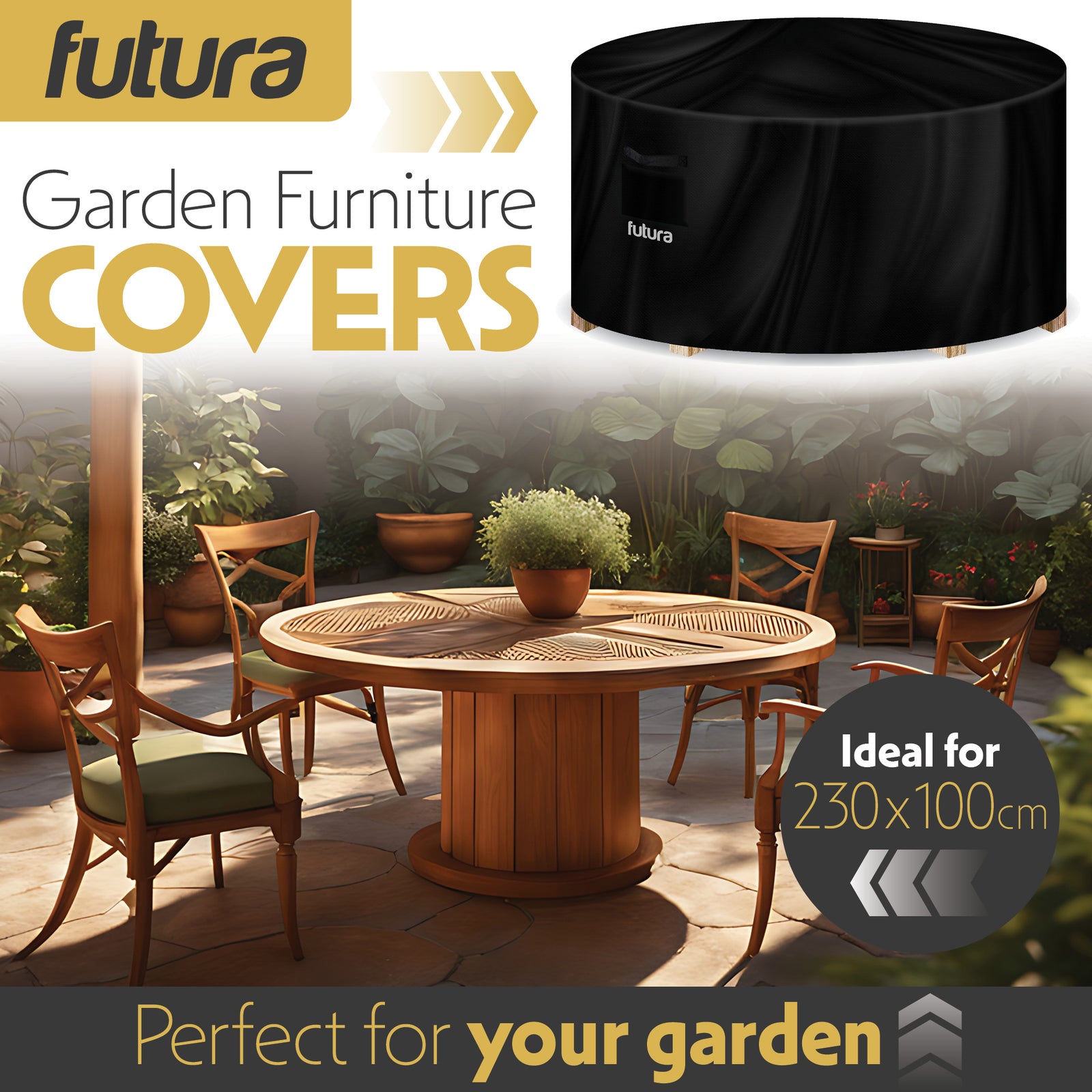 Premium Round Waterproof Garden Furniture Cover, Outdoor Patio Weatherproof Rattan Table & Chair Set Guard | 230 x 100cm | Black