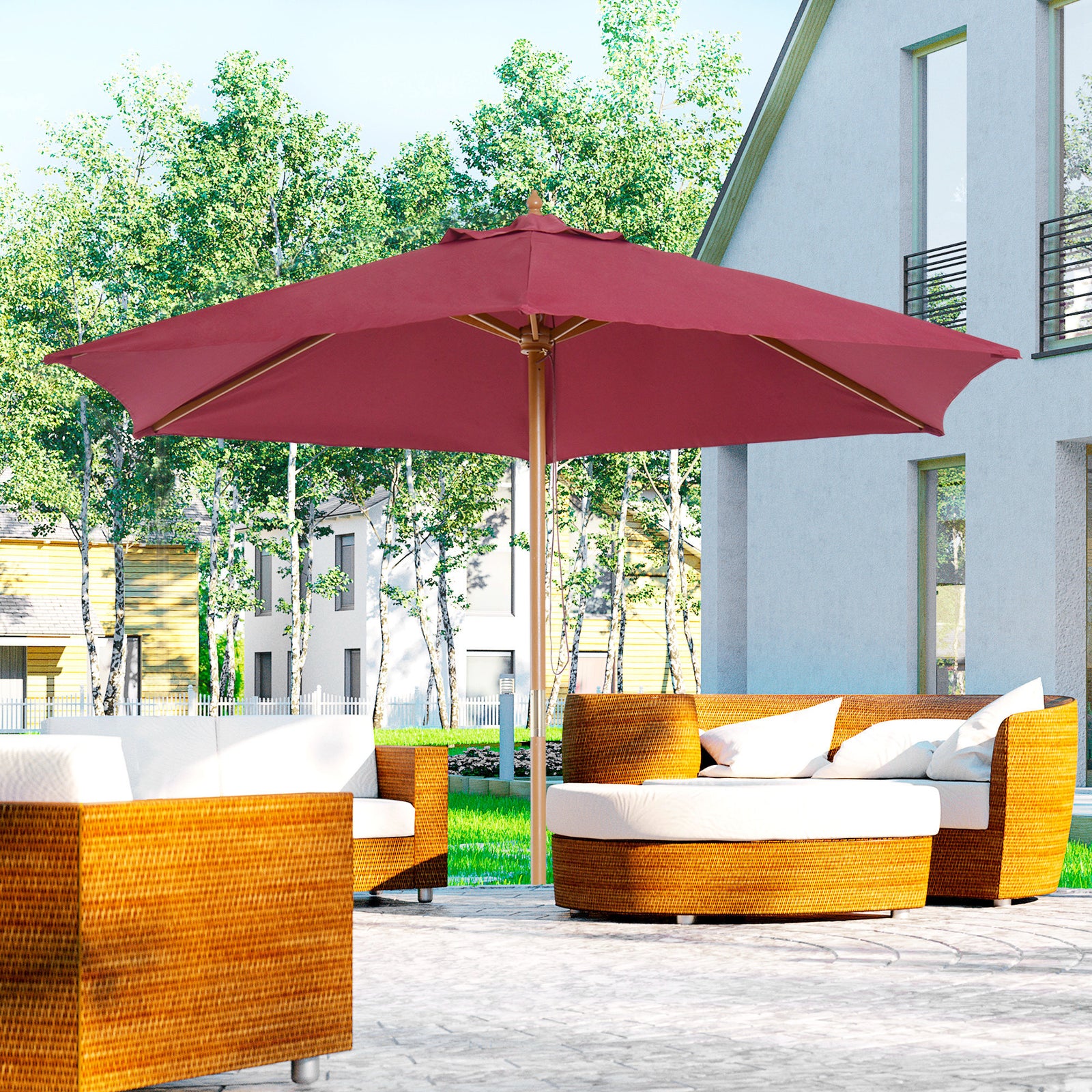 2.5m Wood Garden Parasol Sun Shade | Red