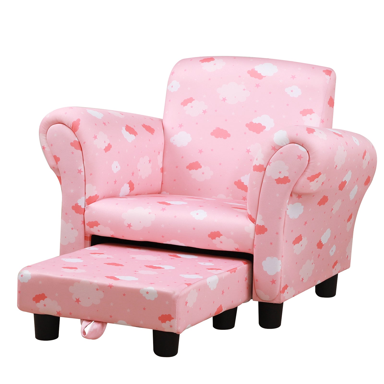 Cute Cloud Star Child Armchair Seat Wood Frame W/ Footrest Padding | Pink