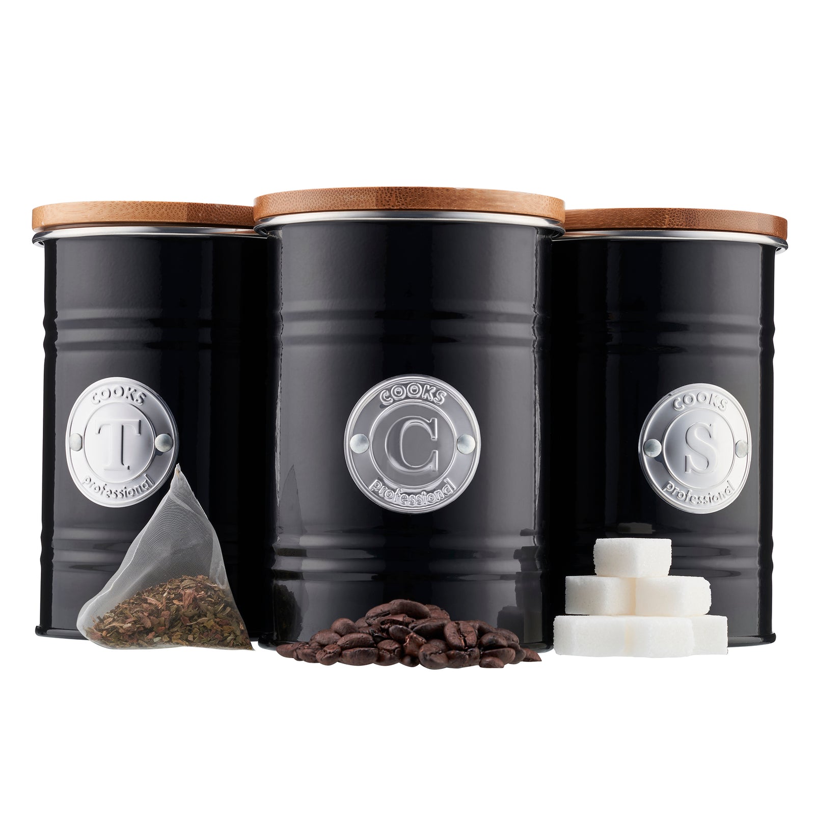 3-piece Kitchen Storage With Bamboo Lids Tea Coffee Sugar | Black
