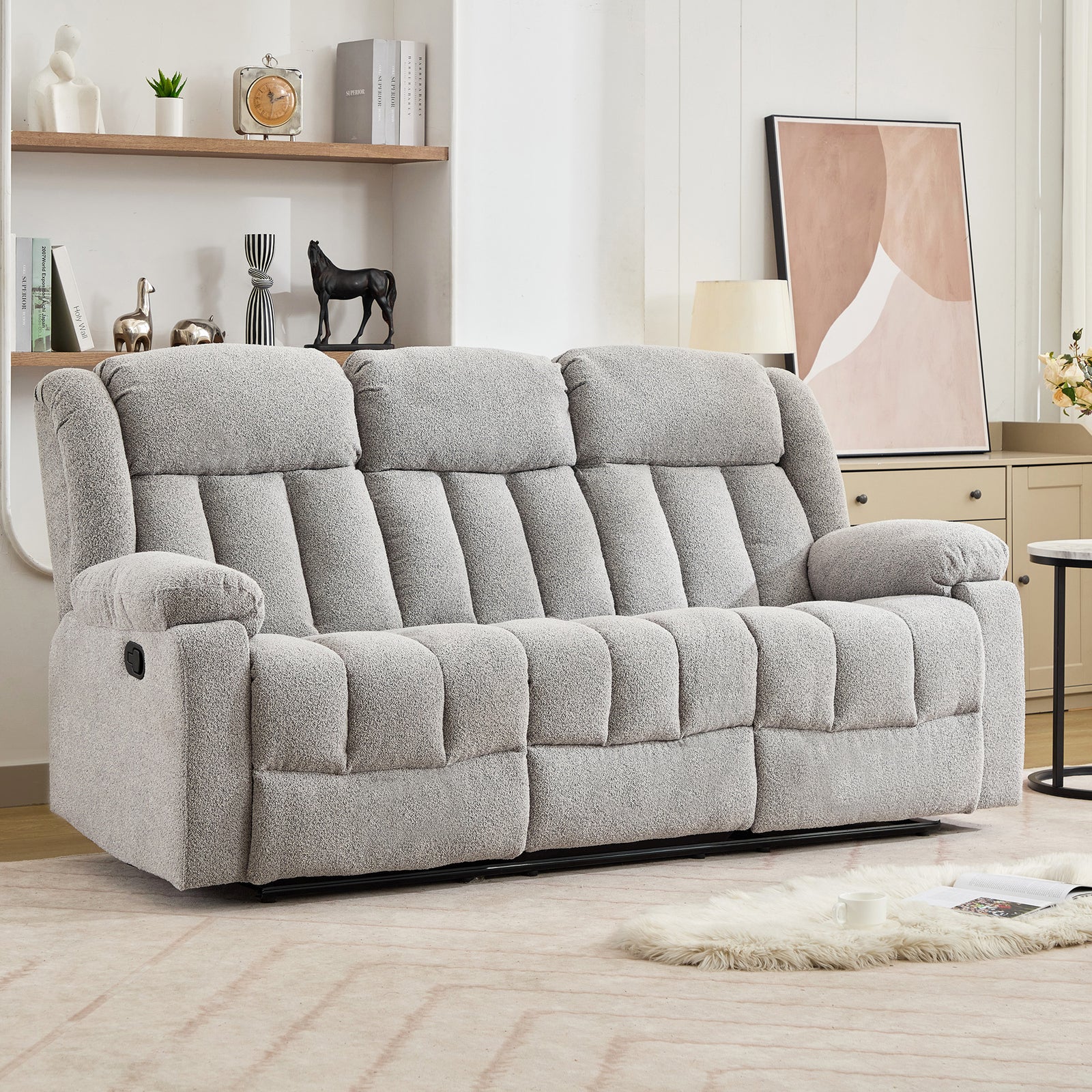 Lovell 3 Seat Manual Recliner Sofa With Central Console | Light Grey
