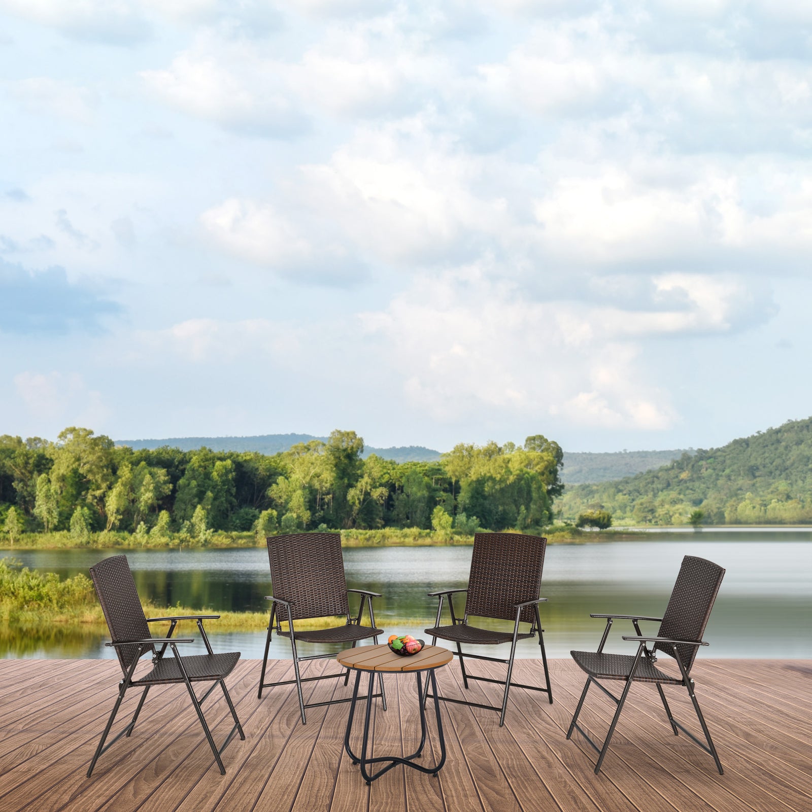 Rattan Chair Foldable Garden Furniture W/ Armrest Steel | Set of 4 | Brown