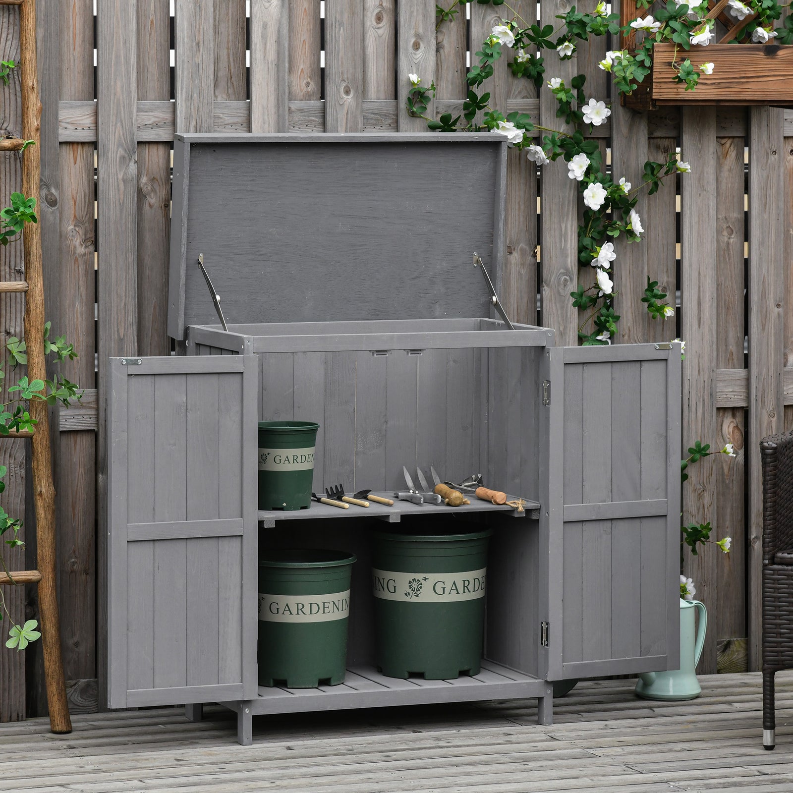 Wooden Garden Shed Double Door Tool Storage House | Dark Gray