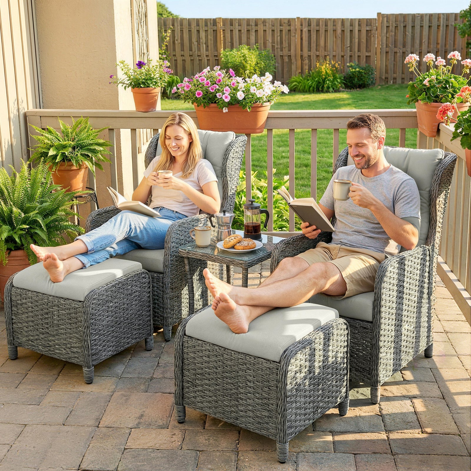 Garden Furniture Set, Rattan Reclining Garden Chair Set | Cream