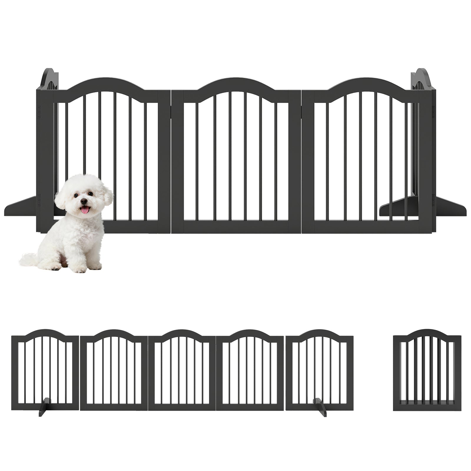 Dog Gate 5 Wood Panel Freestanding Pet Fence Folding Safety Barrier | Black