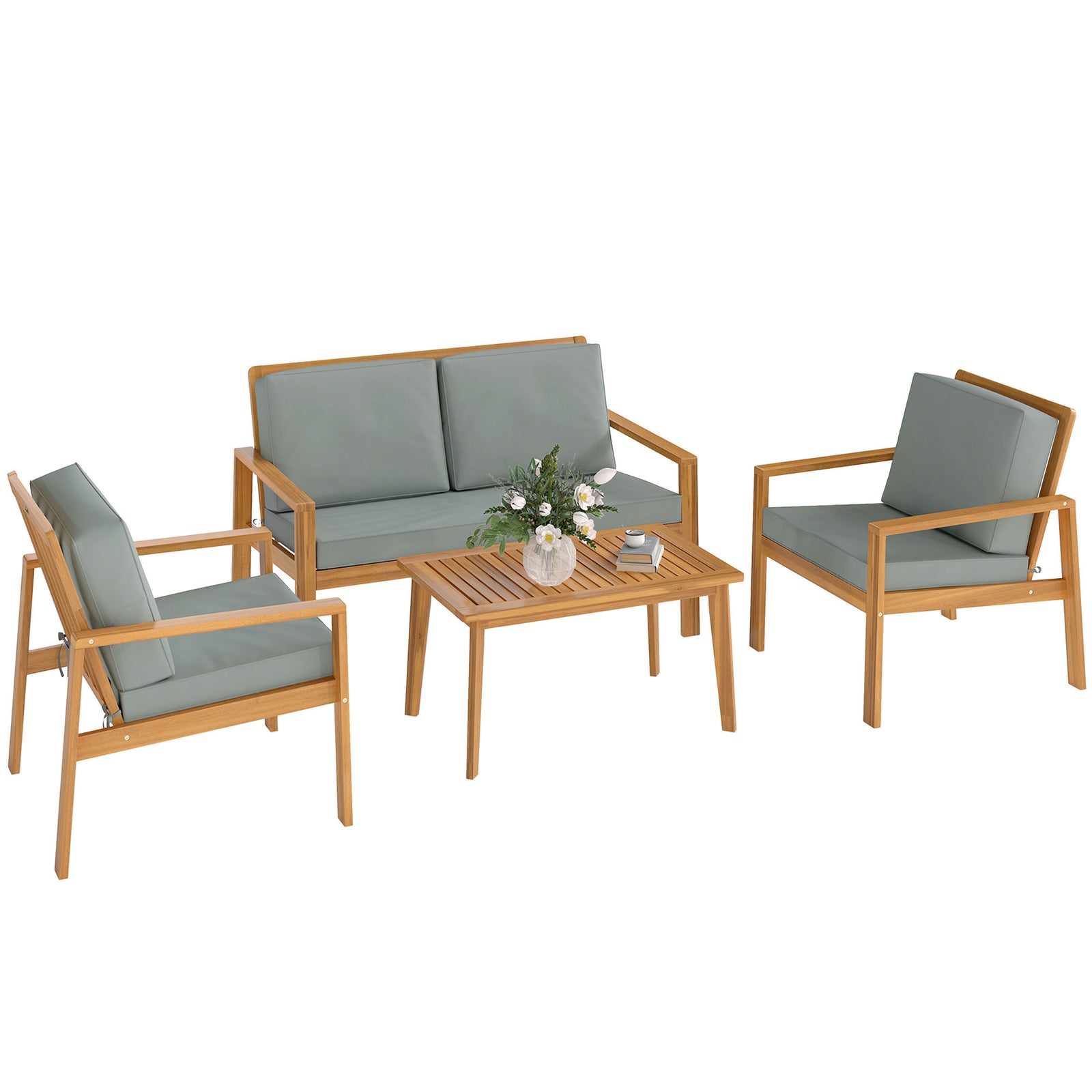 4 Pieces Wooden Garden Furniture Set With Cushions | Natural