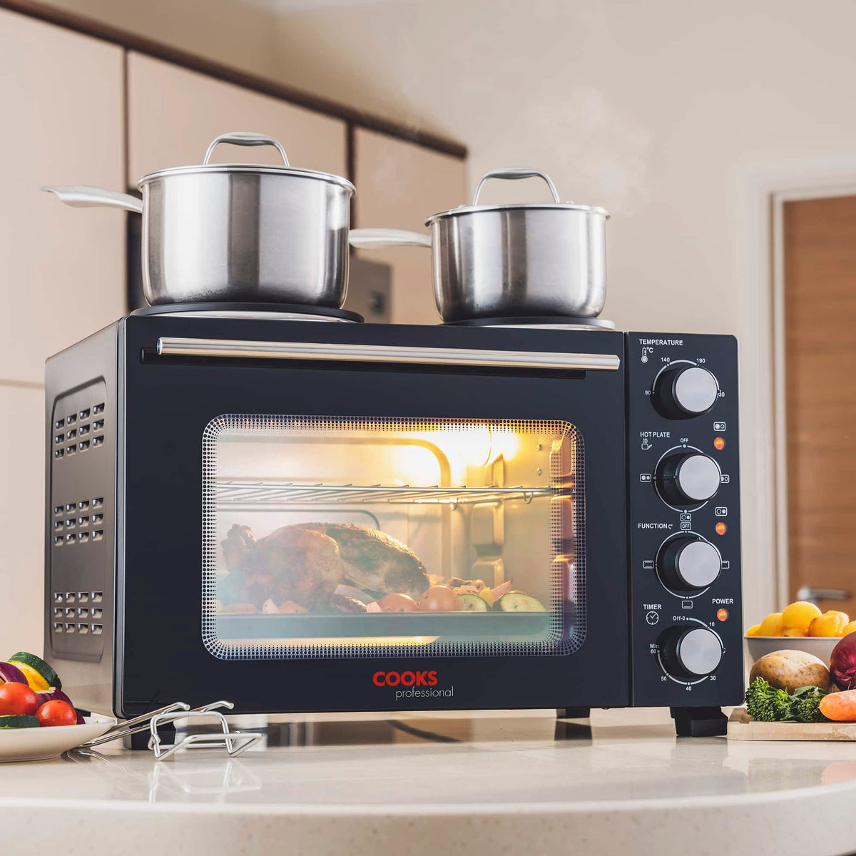 28l Mini Oven With 2 Hobs - Electric Countertop Cooker | 28l | Black & Silver