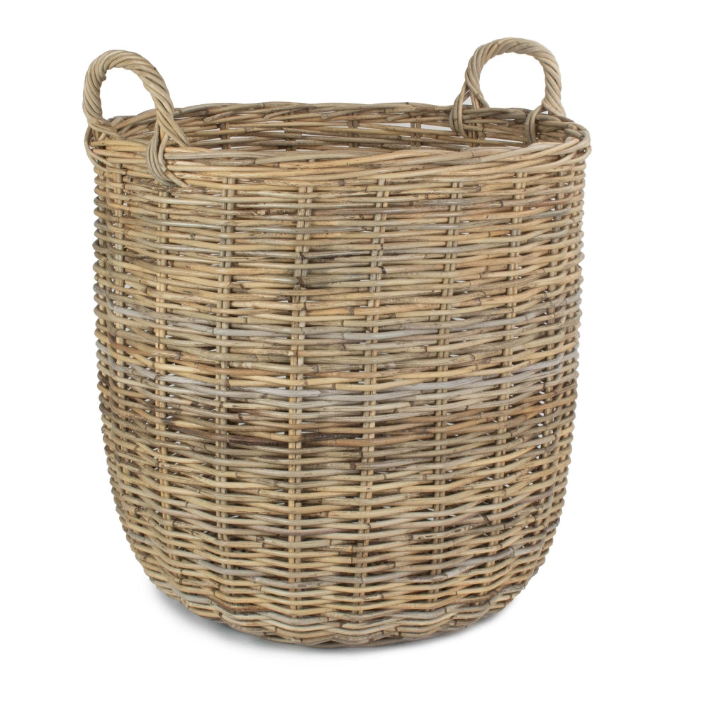 Tall Round Fireside Grey Rattan Log Basket | Small | Brown