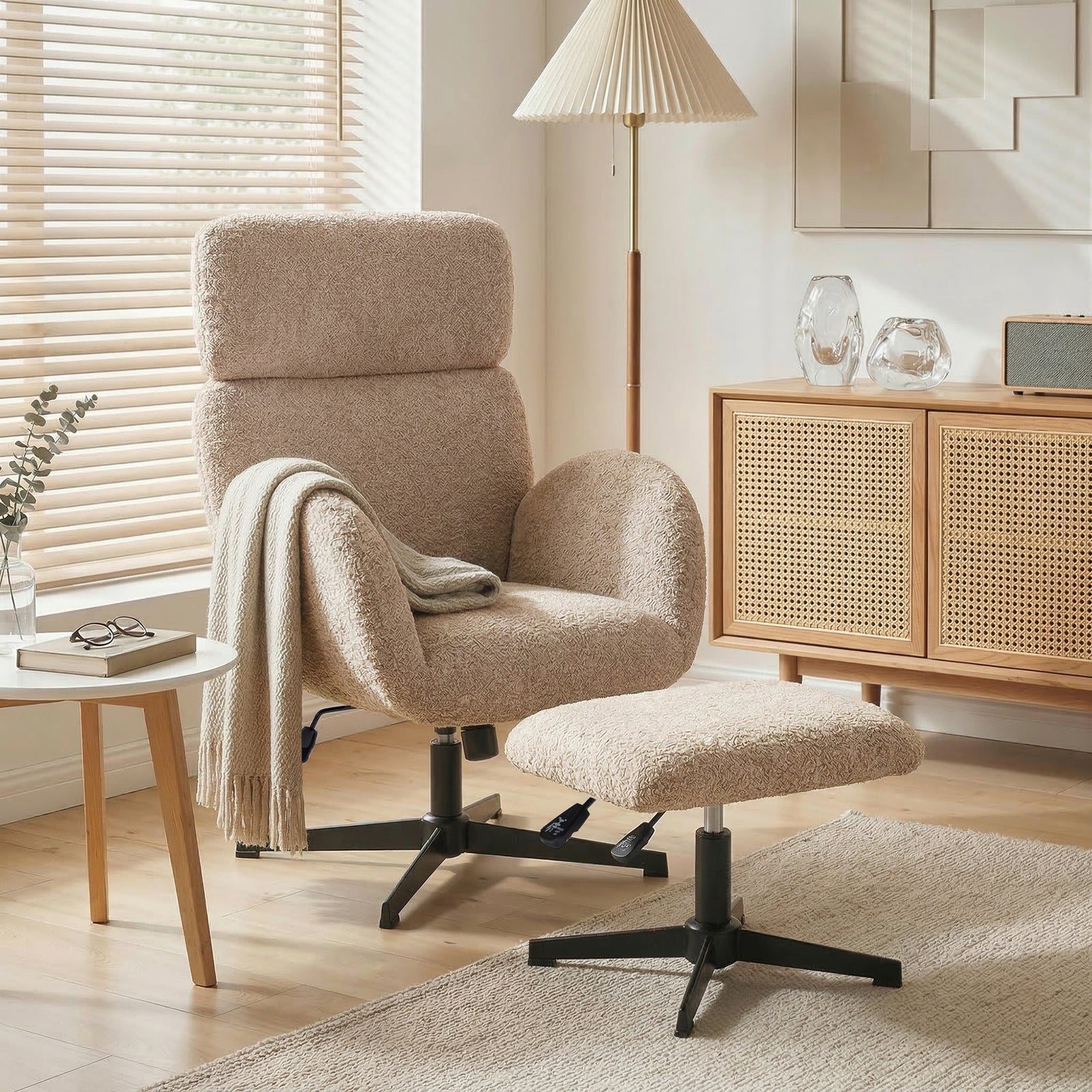Swivel Armchair With Footstool, Rocking Accent Chair | Light Brown