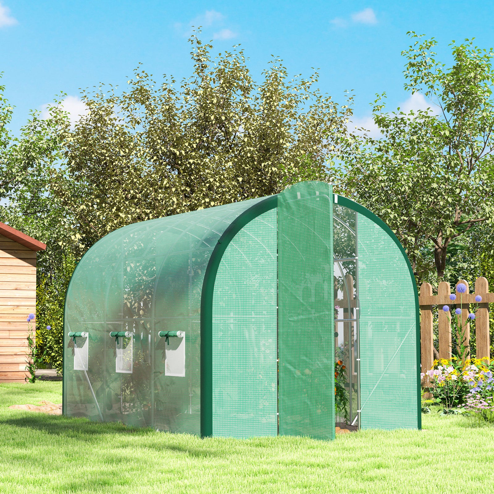 Tunnel Greenhouse, Upgraded Structure, Hinged Doors | Medium | Green