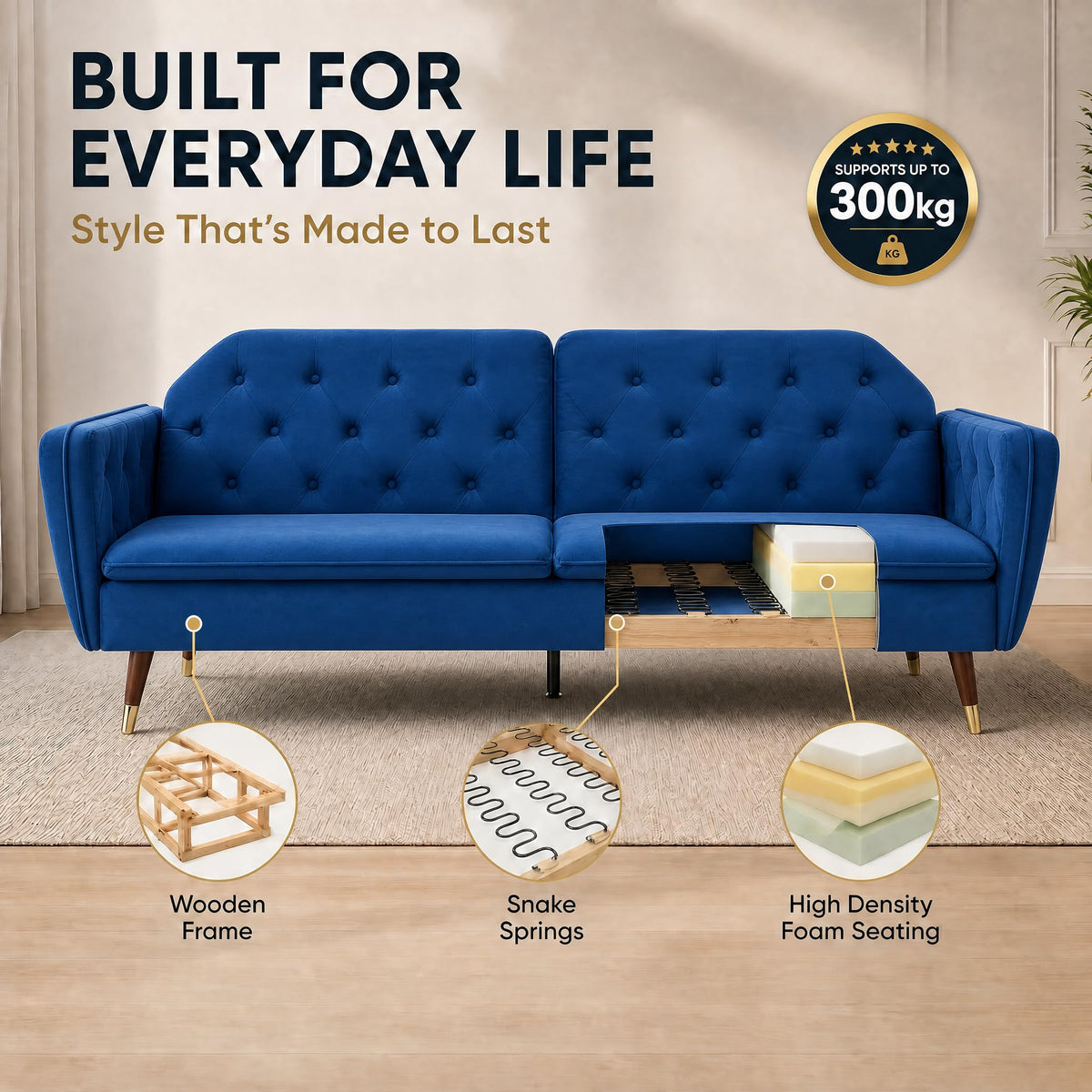 Victoria Velvet Sofa Bed 3 Seater | Blue