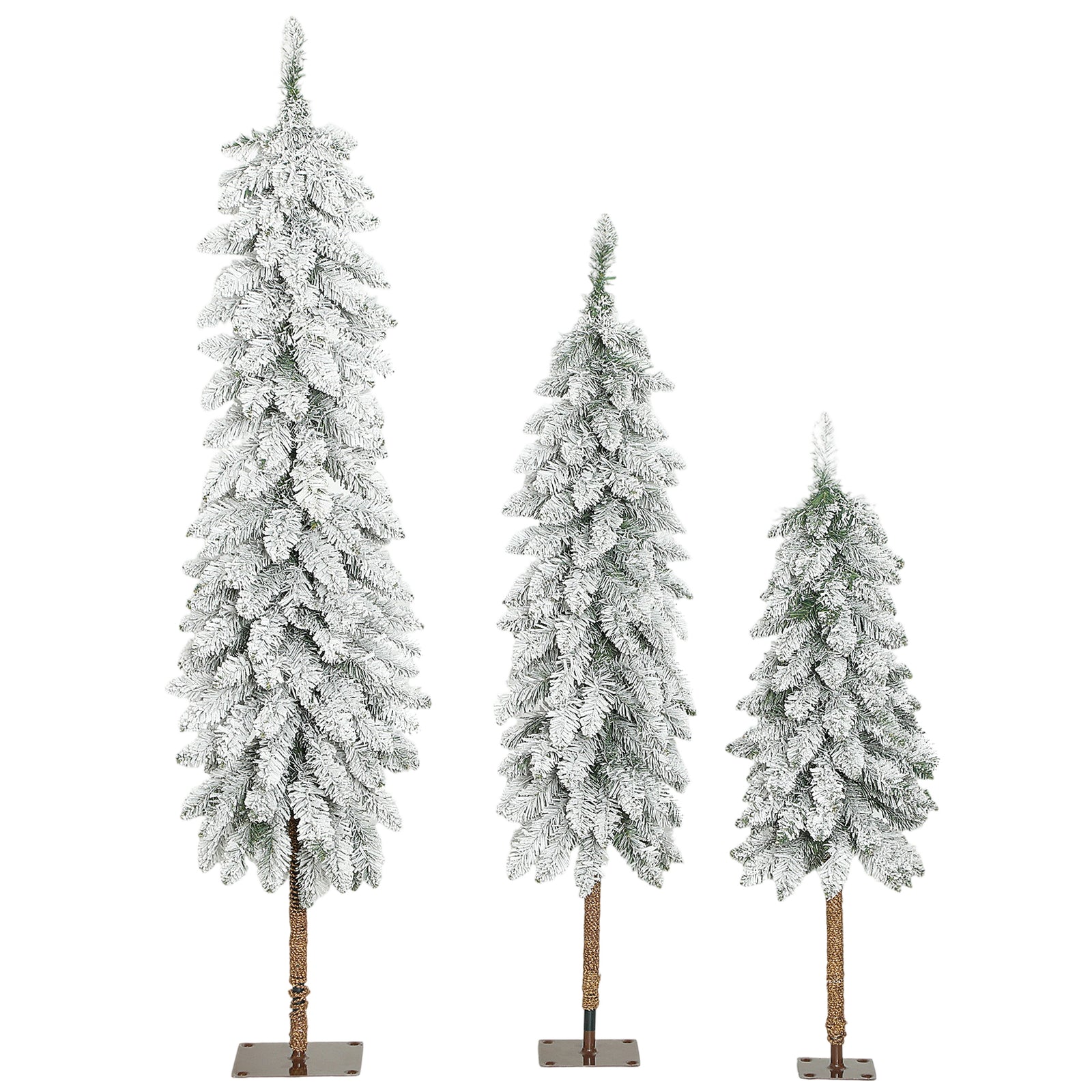 Set Of 3 Flocked Christmas Tree, Pencil Downswept Xmas Tree