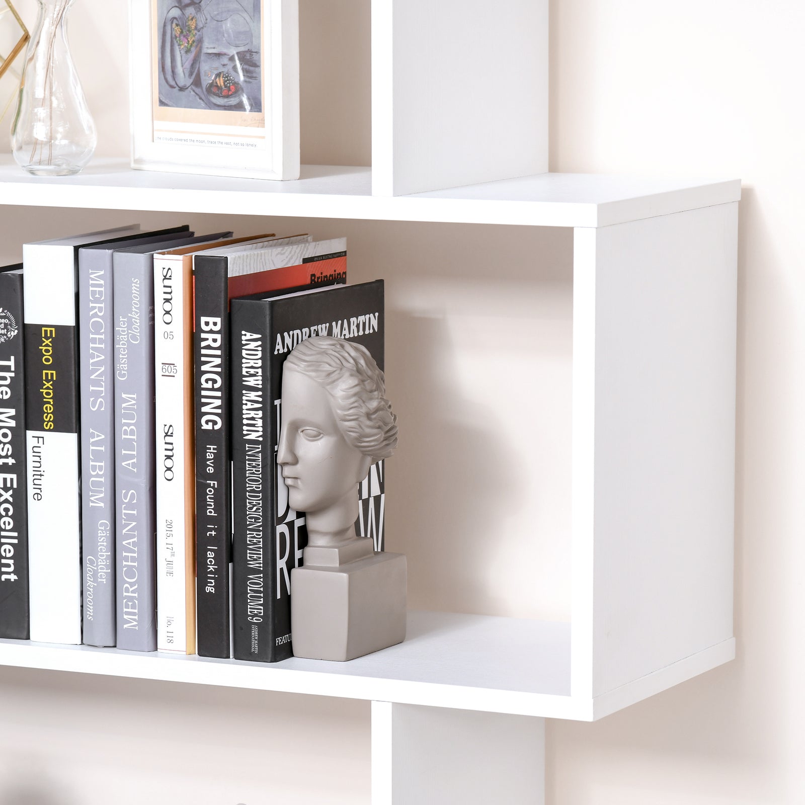 Storage Bookcase 6 Shelves Wood Bookshelf S Shape | One Size | White