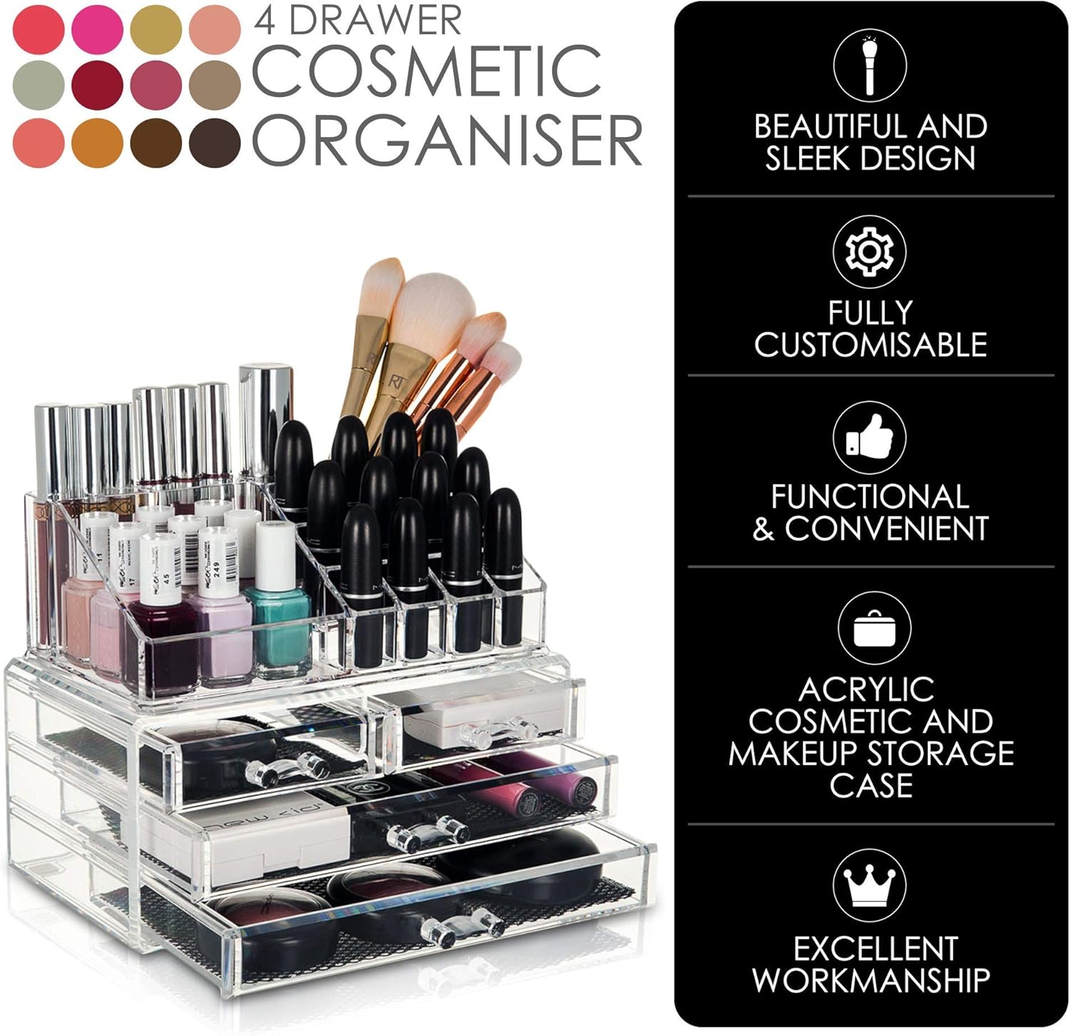 Glamsmacked Acrylic Makeup Organiser Clear 4 Drawer Storage For Cosmetics