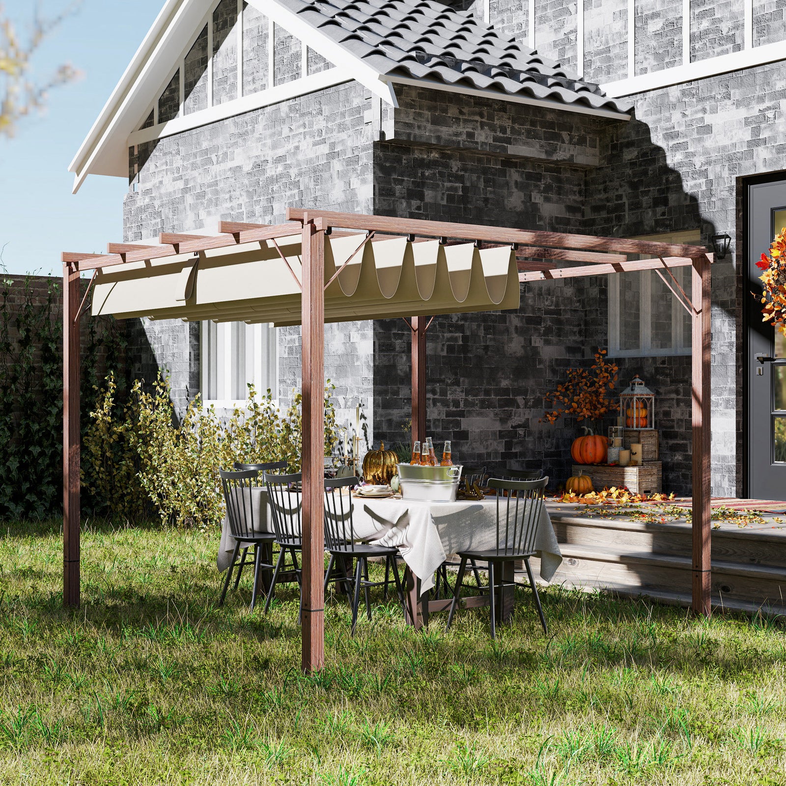 3 X 3(m) Aluminium Garden Pergola With Retractable Roof | Natural