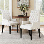 Classic Upholstered Armchair Tufted Back Fabric Dining Chair With Nailhead Detailing | White