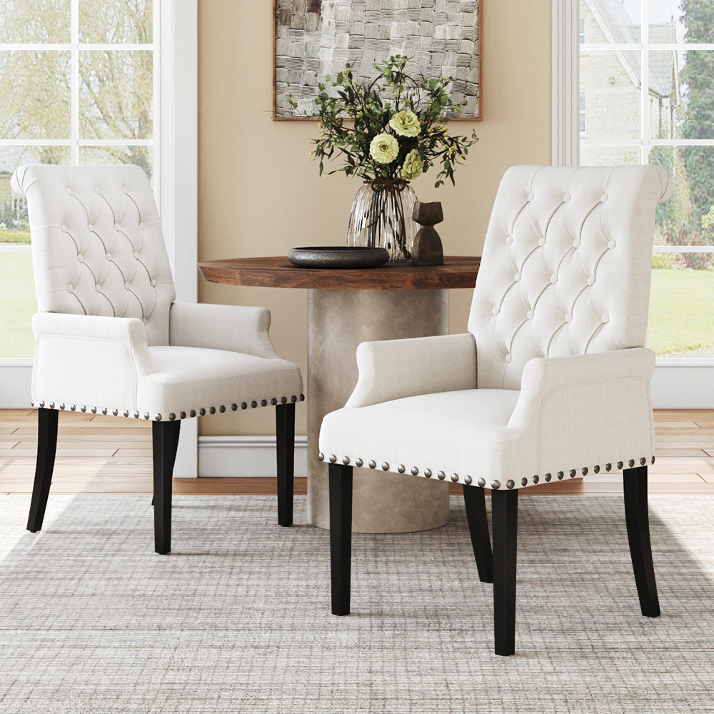 Classic Upholstered Armchair Tufted Back Fabric Dining Chair With Nailhead Detailing | White