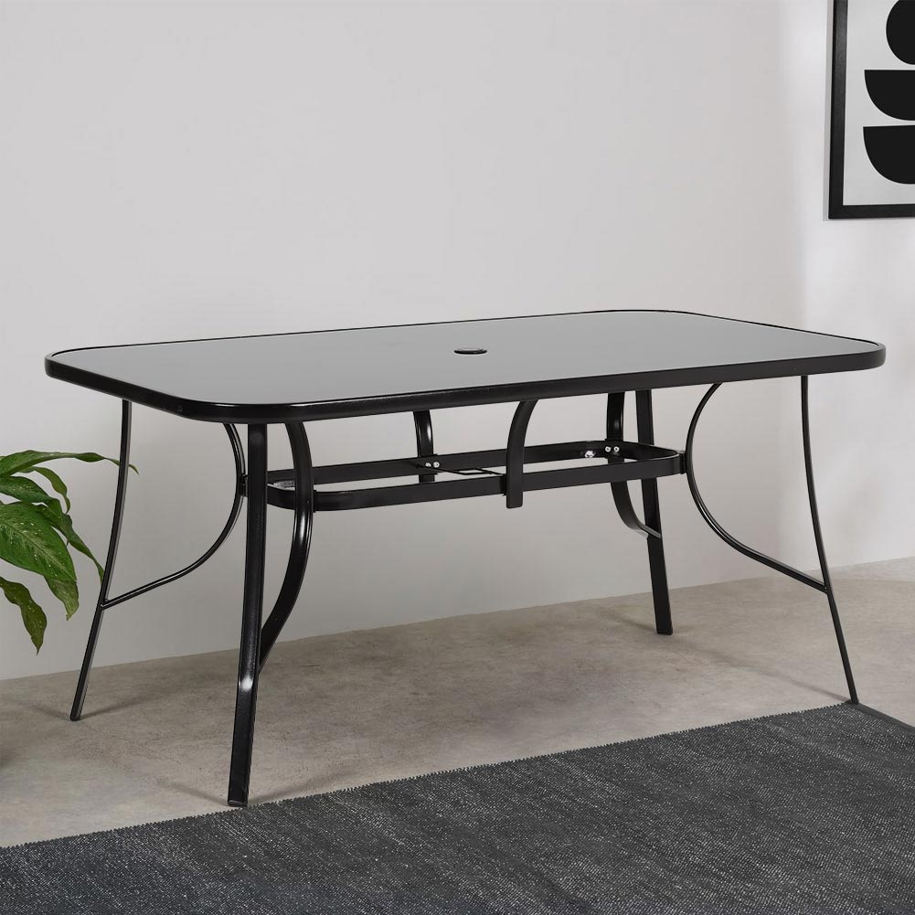 Metallic And Tempered Glass Garden Table With Parasol Hole Outdoor | Extra Large | Black