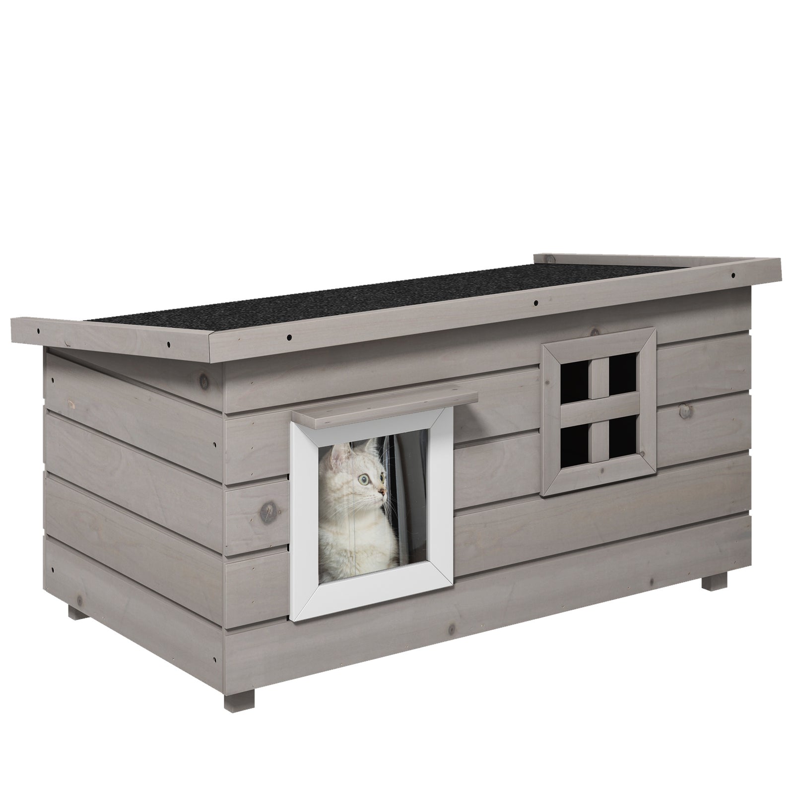 Pawhut Wooden Cat House Outdoor With Openable Top, Asphalt Roof, Window Grey