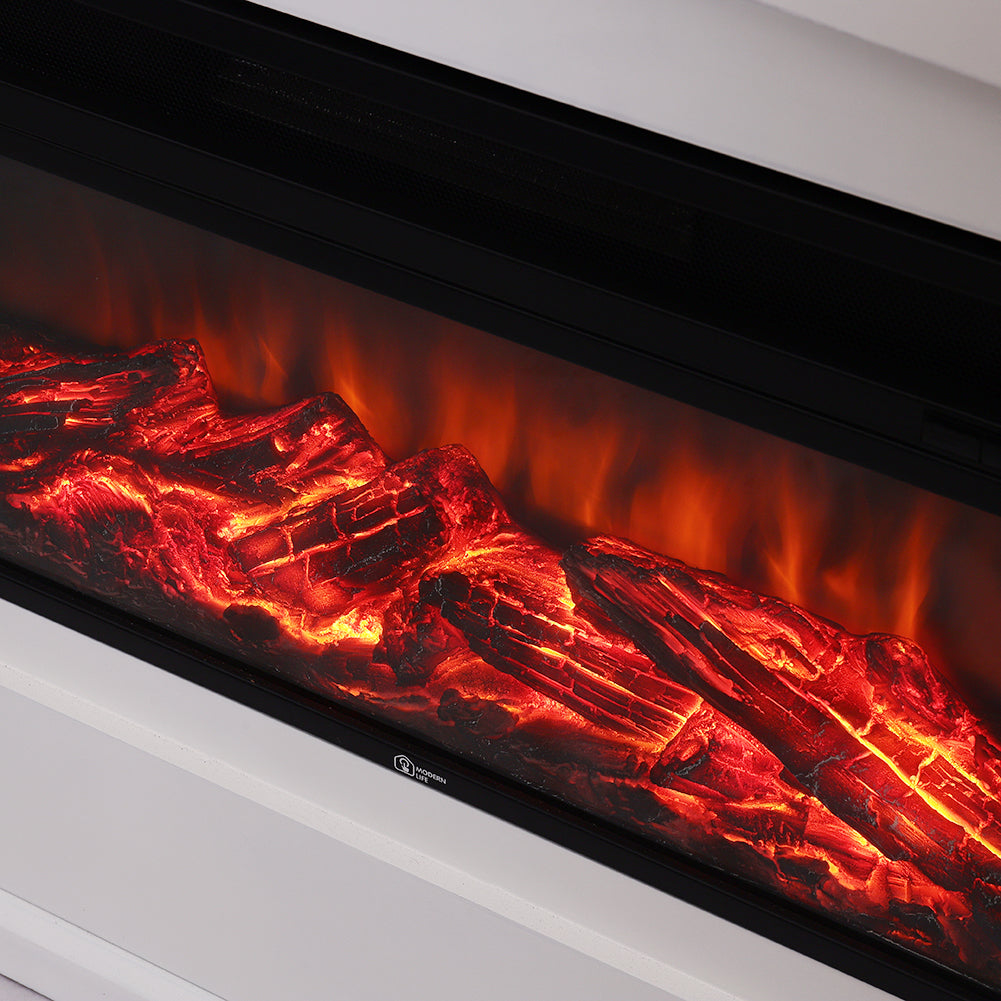 Recessed Electric Fireplace With Mantel, 1500w White Led Heater With Realistic Flame, 5-level Brightness & Remote Control